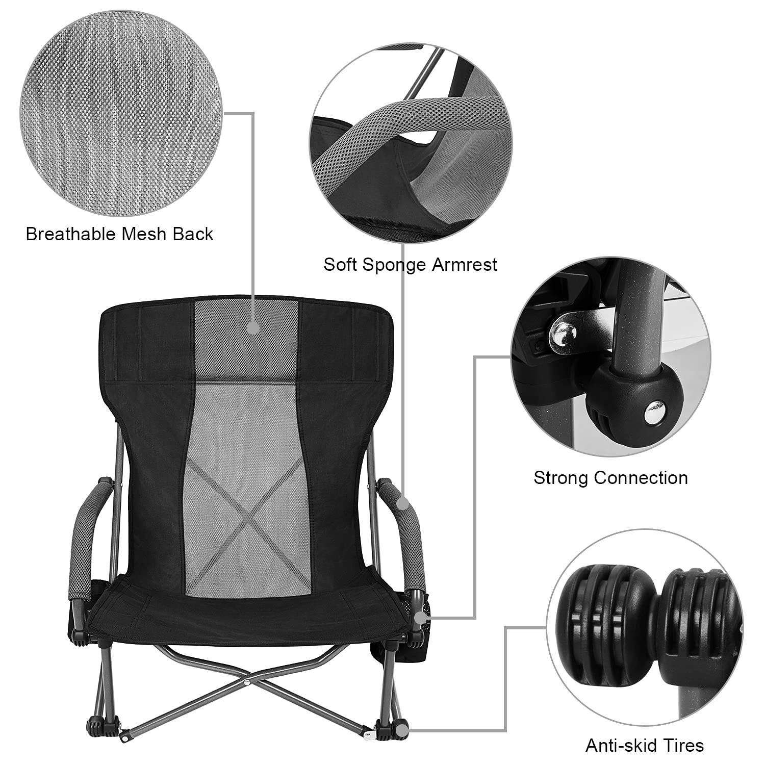 G4Free Compact Folding Beach Camping Chair with Lumbar Support - Portable Low Sling Design & Carry Bag - Perfect for Outdoor, Picnic, Travel, Concerts & Backyard Relaxation (Black)