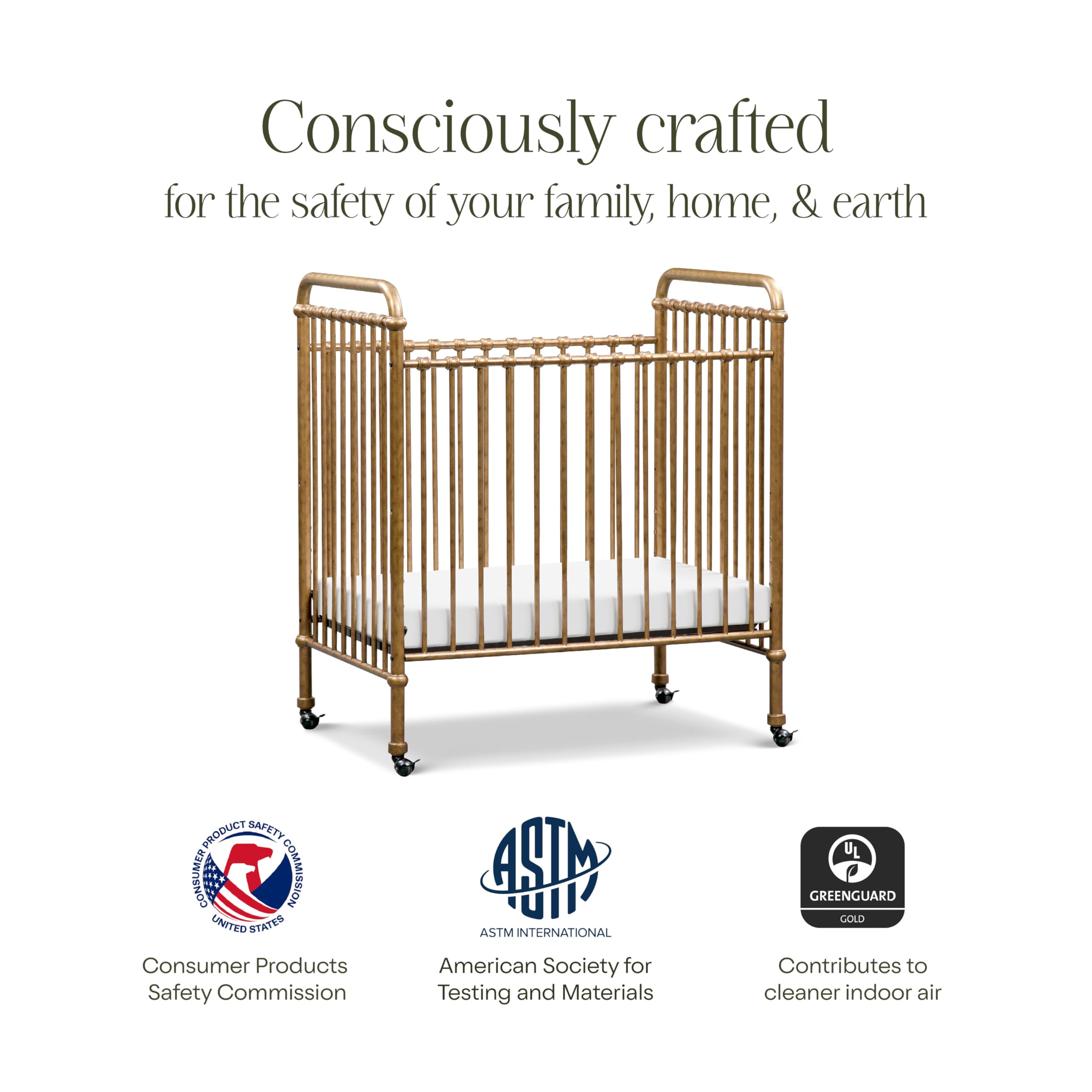 NAMESAKE Abigail 3-in-1 Convertible Mini Metal Crib in Vintage Gold - Greenguard Gold Certified Safe Nursery Furniture for Small Spaces | Perfect for Apartments, Nursery Rooms & Guest Bedrooms