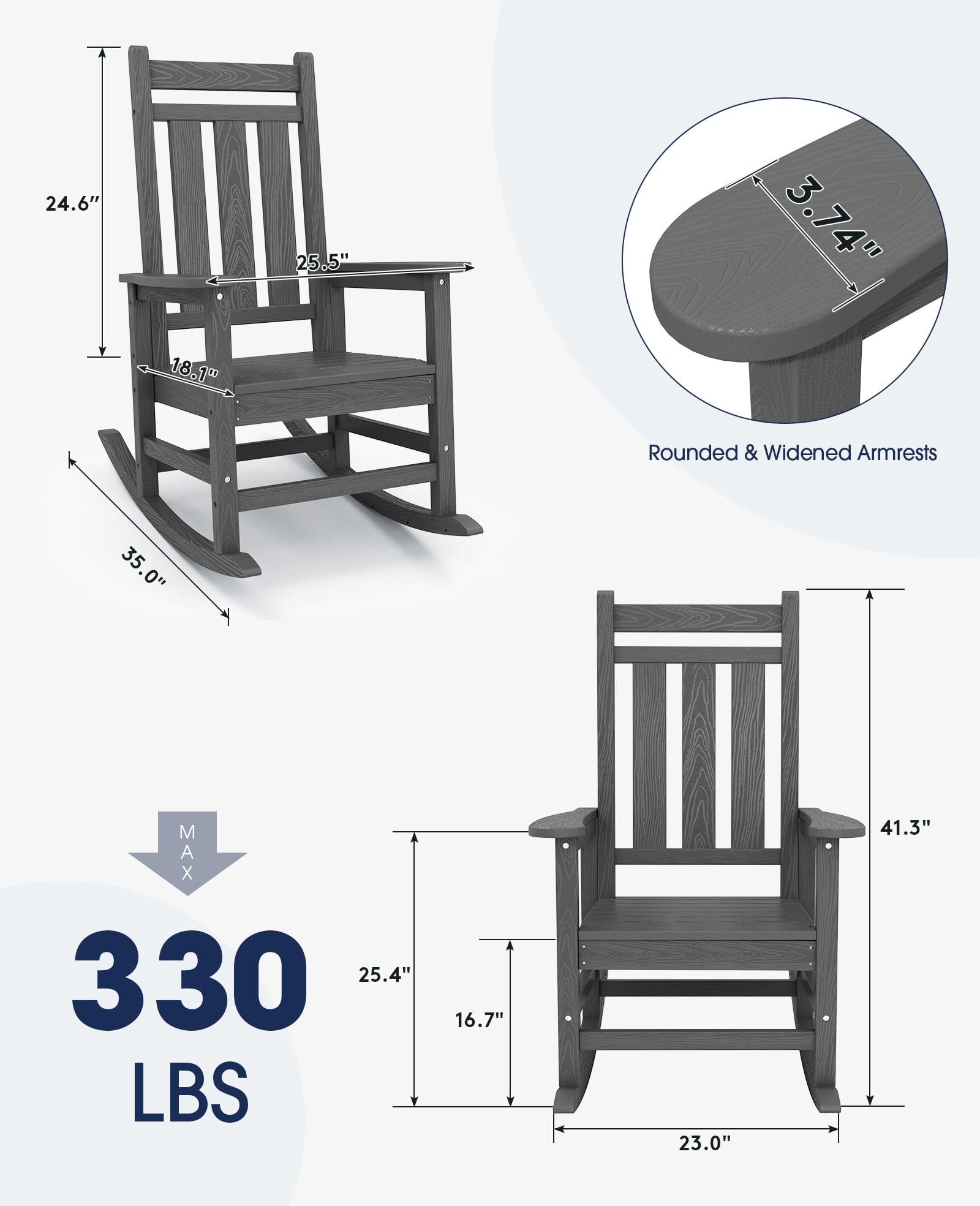 KINGYES HDPE Outdoor Rocking Chair - All-Weather Heavy Duty Porch Rocker for Adults, Gray - Perfect for Patio, Garden, Deck, and Backyard Relaxation