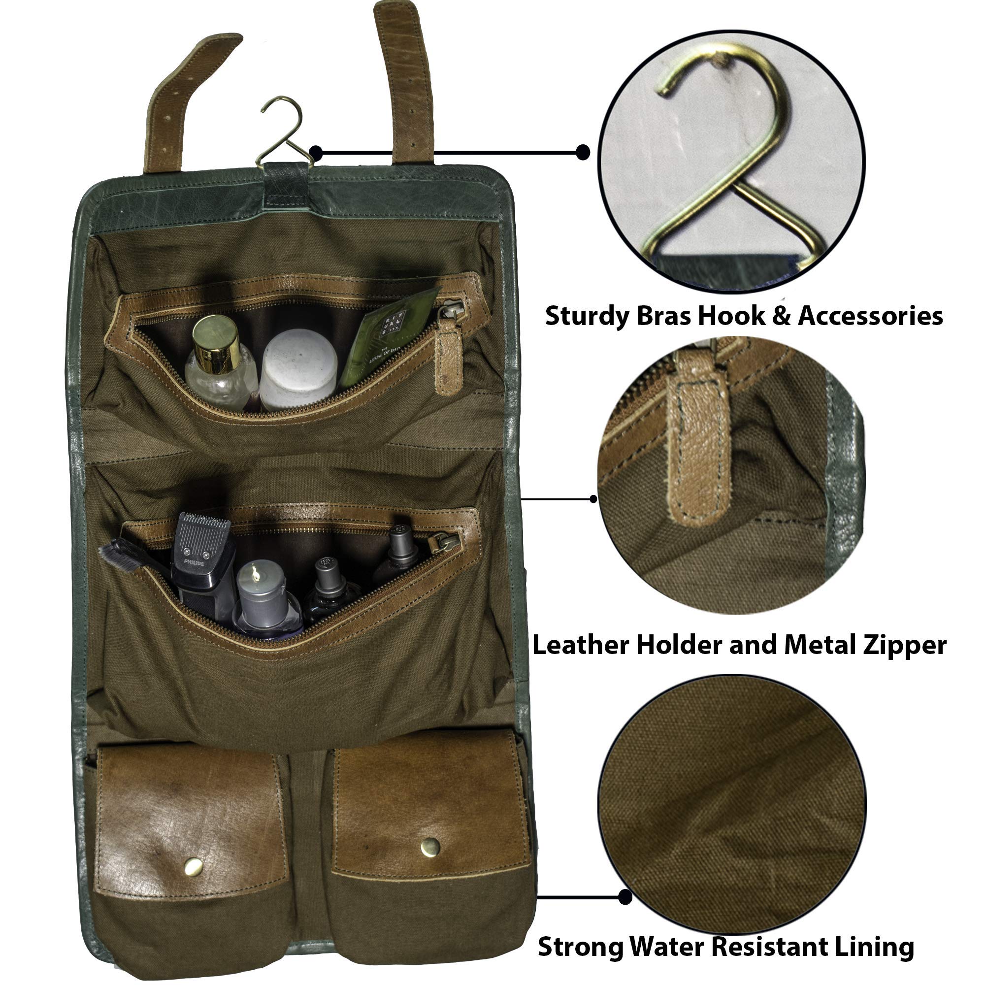 Premium Leather Hanging Toiletry Bag for Men - Green Travel Dopp Kit - Ideal for Gym, Camping & Business Trips
