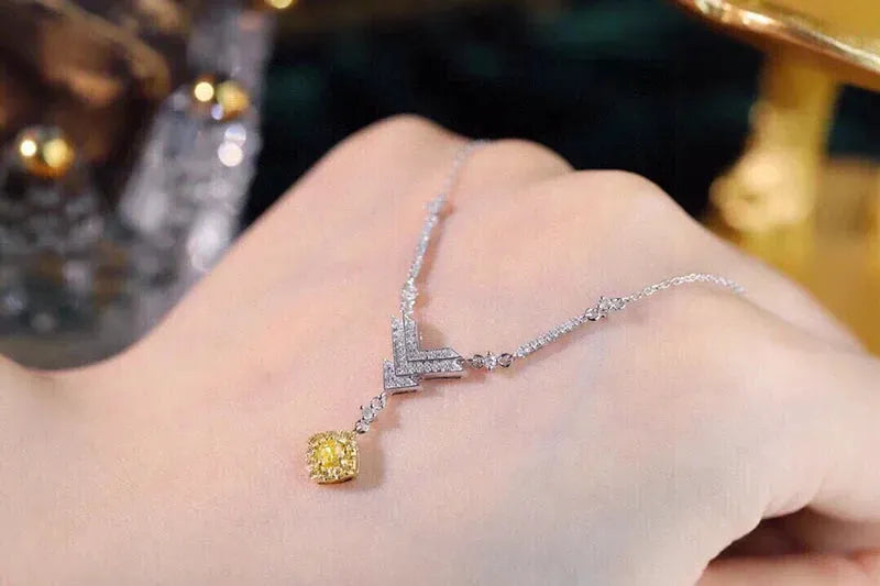 18K White Gold Y-Shaped Diamond Pendant Necklace for Women - Elegant Real Natural Yellow Diamond Jewelry Gift for Anniversary, Birthday & Special Occasions