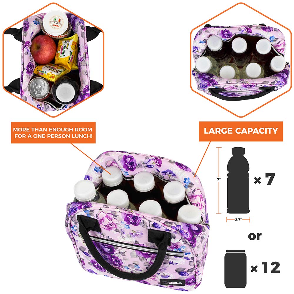 Opux Insulated Lunch Box for Women & Girls - Cute Soft Thermal Lunch Bag for Work, School, Beach & Travel - Reusable Food Cooler Container for Kids, Teens & Adults - Floral Purple Meal Prep Organizer - Perfect for Office, Picnics & Outdoor Activities