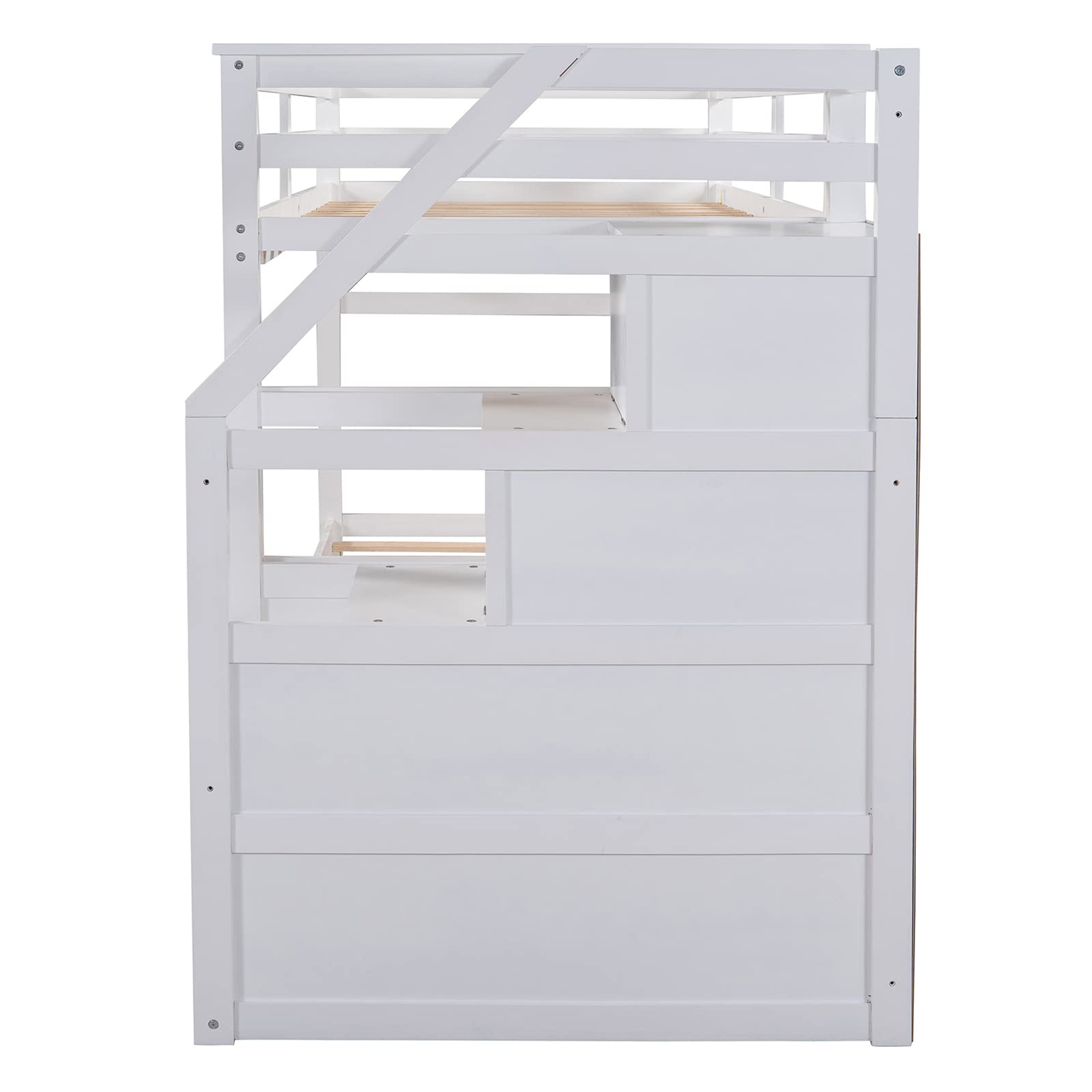 Premium Twin Over Twin Bunk Bed with Trundle & Storage Stairs - Solid Wood Frame, Slat Support & Safety Rail - No Box Spring Needed - Easy Assembly - White - Perfect for Kids' Bedrooms, Guest Rooms & Space-Saving Solutions