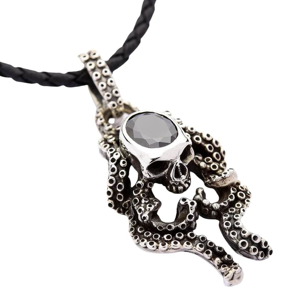 Black Onyx Octopus Skull Sterling Silver Pendant Necklace - Gothic Jewelry for Men & Women - Perfect for Halloween, Cosplay, and Alternative Fashion