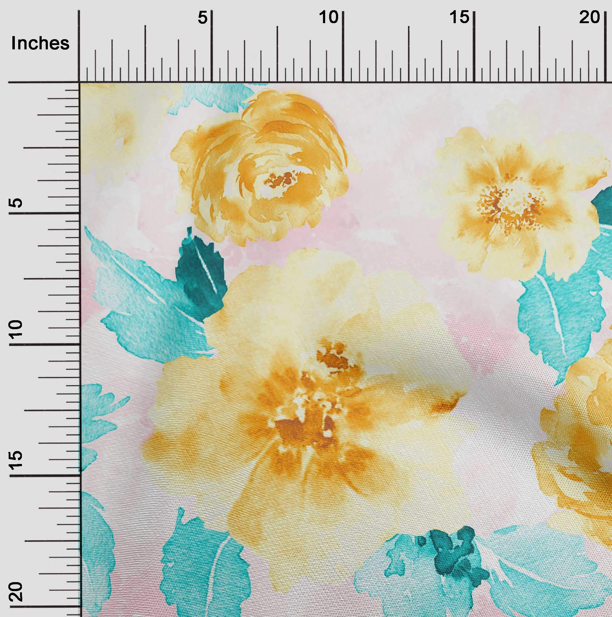 oneOone Cotton Cambric Fabric - Watercolor Leaves & Peony Floral Print Fabric by the Yard (56