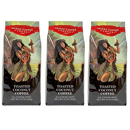 Hawaiian Toasted Coconut Flavored Ground Coffee - 10oz Bag (Pack of 3) | Premium Aromatic Coffee for Home, Office & Gifting | Perfect for Morning Brew, Afternoon Pick-Me-Up & Coffee Lovers