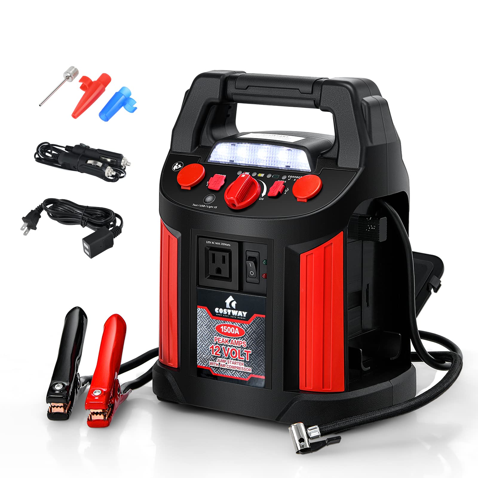 Goplus 1500A Peak 700A Instant Car Jump Starter with 180PSI Air Compressor, Portable Power Bank, 2 USB Ports, Smart Clamps & LED Flashlight - Emergency Vehicle Battery Booster & Tire Inflator for Roadside Assistance