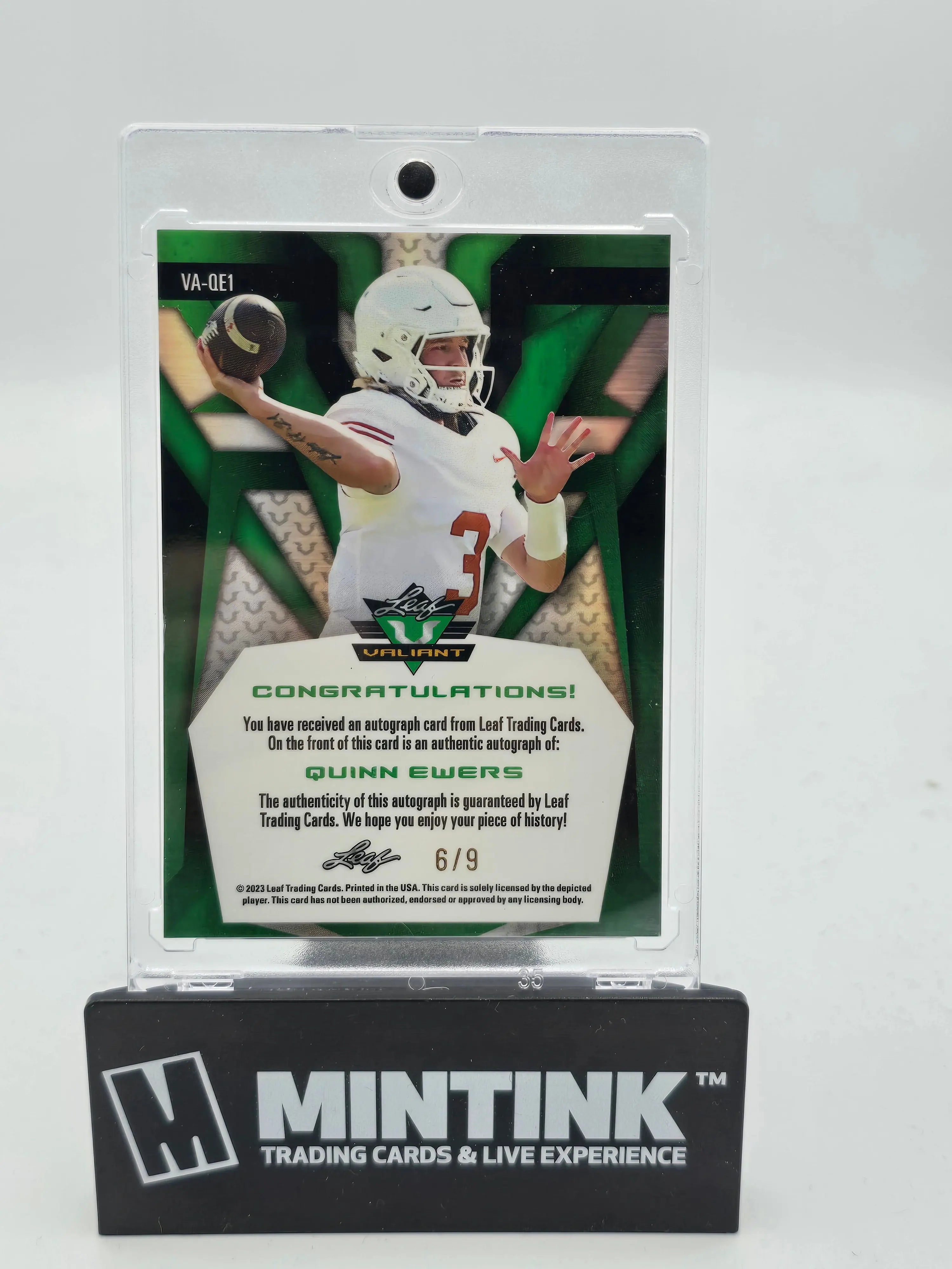 2023 Leaf Valiant Football Quinn Ewers Red Auto Autograph /9 - Rare Signed Rookie Card for NFL Collectors & Fantasy Football Fans - Perfect for Display, Trading, and Investment