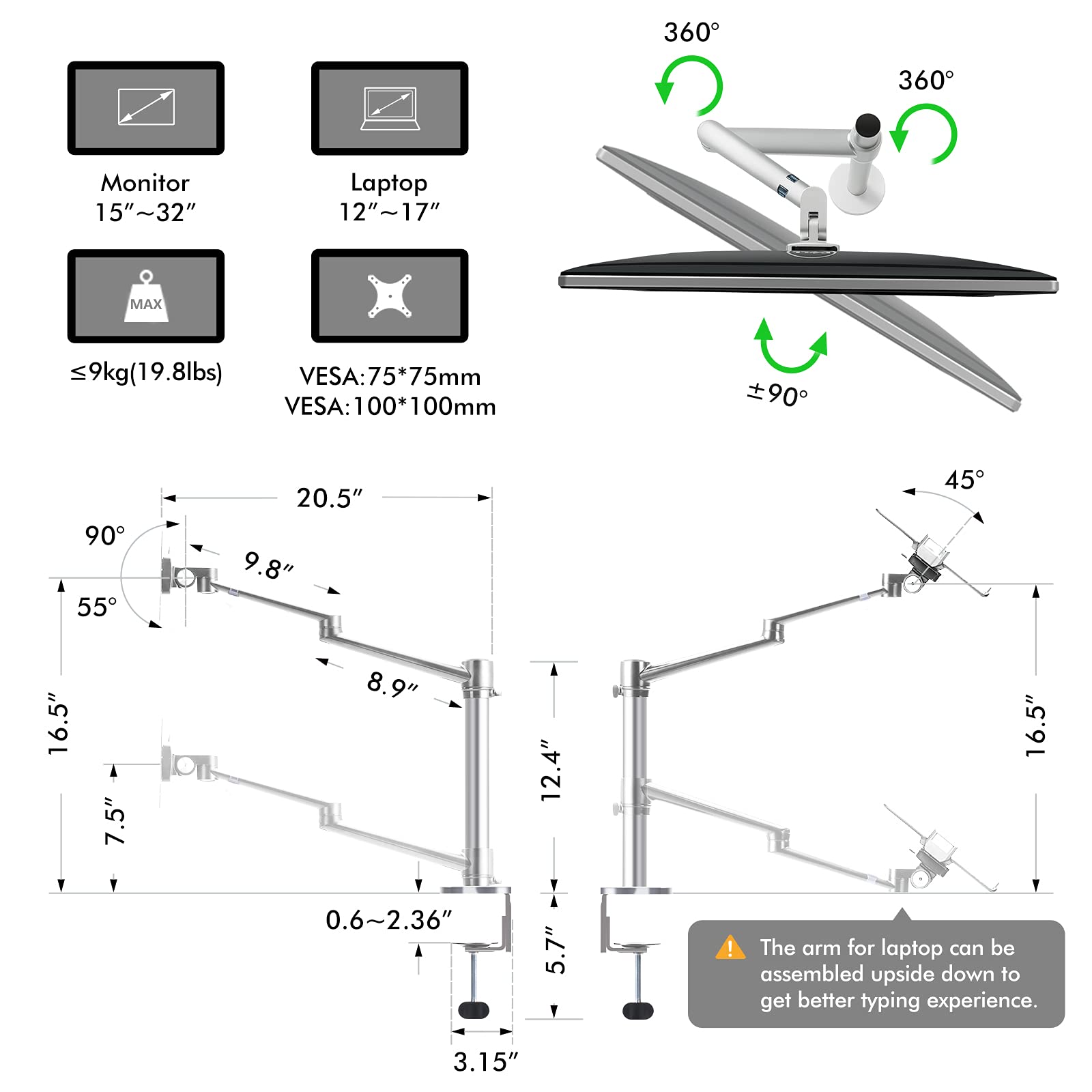 Viozon Adjustable Dual Monitor and Laptop Mount Stand - 2-in-1 Ergonomic Desk Clamp for 17-32 Inch LCD Screens & 12-17 Inch Laptops (Silver) - Perfect for Home Office, Gaming Setup, and Workspace Organization
