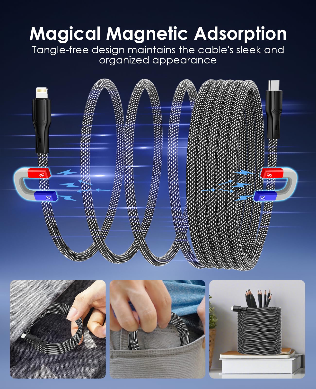 MFi Certified Magnetic USB C to Lightning Cable - 30W PD Fast Charging Coiled Cord (3ft) for iPhone 14/13/12/11 Pro Max/XS/8 & iPad | Perfect for Travel, Car Charging & Office Use