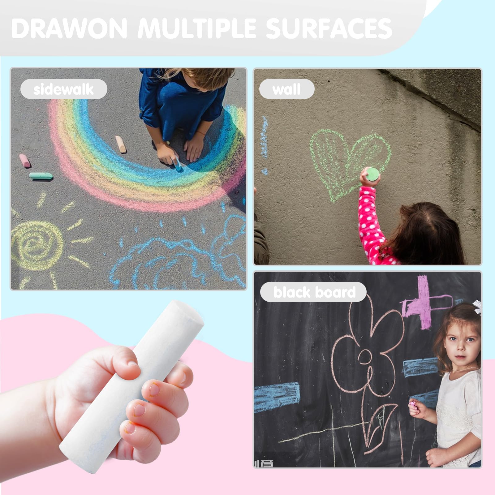 50 Pack White Washable Non-Toxic Jumbo Sidewalk Chalk for Kids - Outdoor Art Play, Chalkboard & Blackboard Drawing, Playground Fun - Safe for Children's Creative Activities