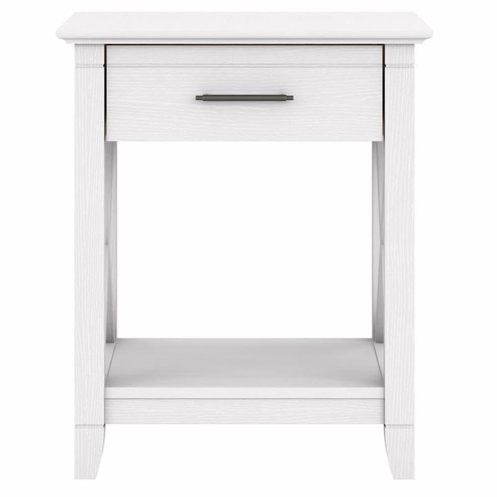 BOWERY HILL White Farmhouse End Table with Storage - Rustic Engineered Wood Nightstand for Living Room, Bedroom & Home Decor