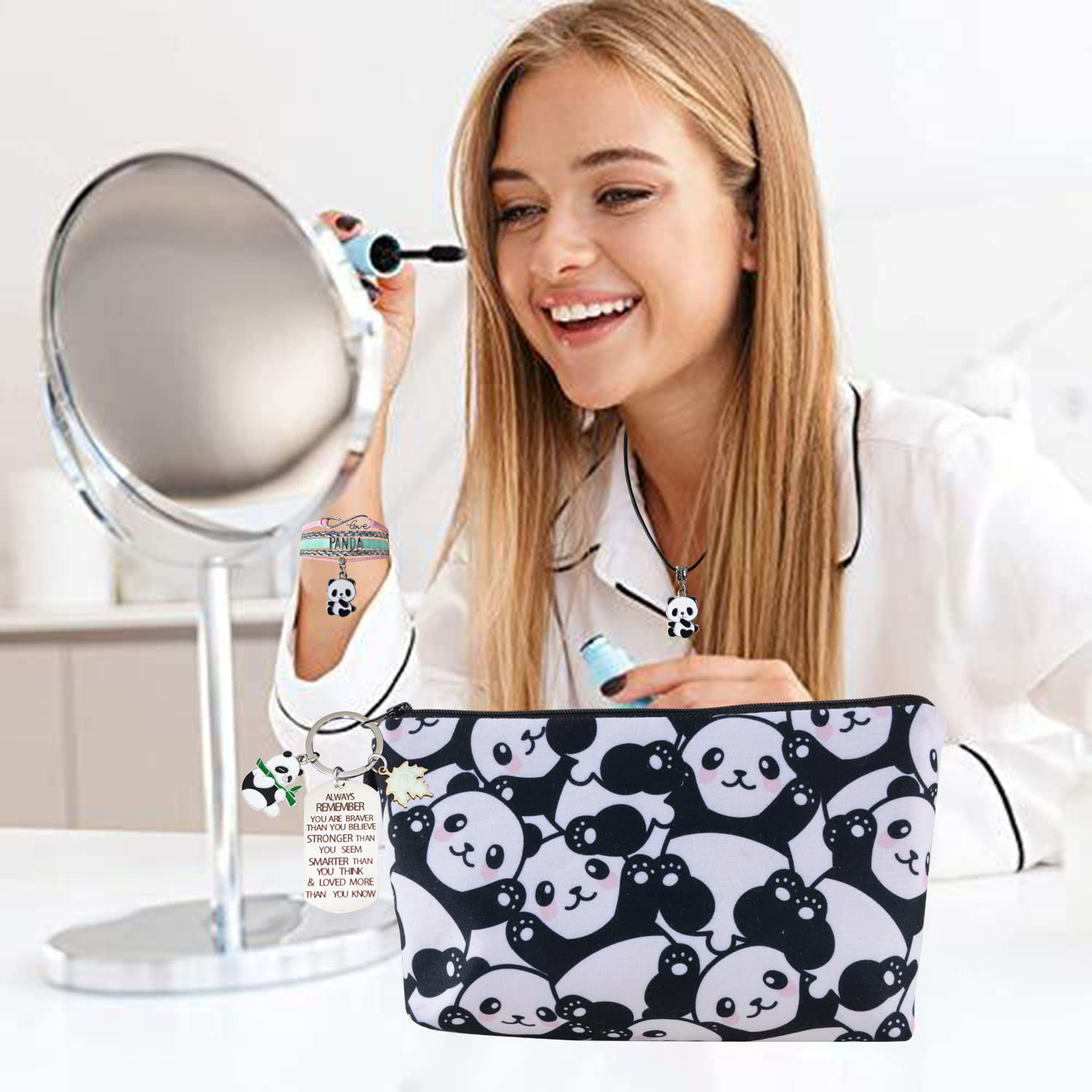 LittleBlueDeer Panda Jewelry Set for Girls - Cute Panda Bear Necklace, Keychain, Makeup Bag & Bracelet Charms | Perfect Birthday Gift for Kids, Teens & Panda Lovers | Great for School, Parties & Everyday Wear