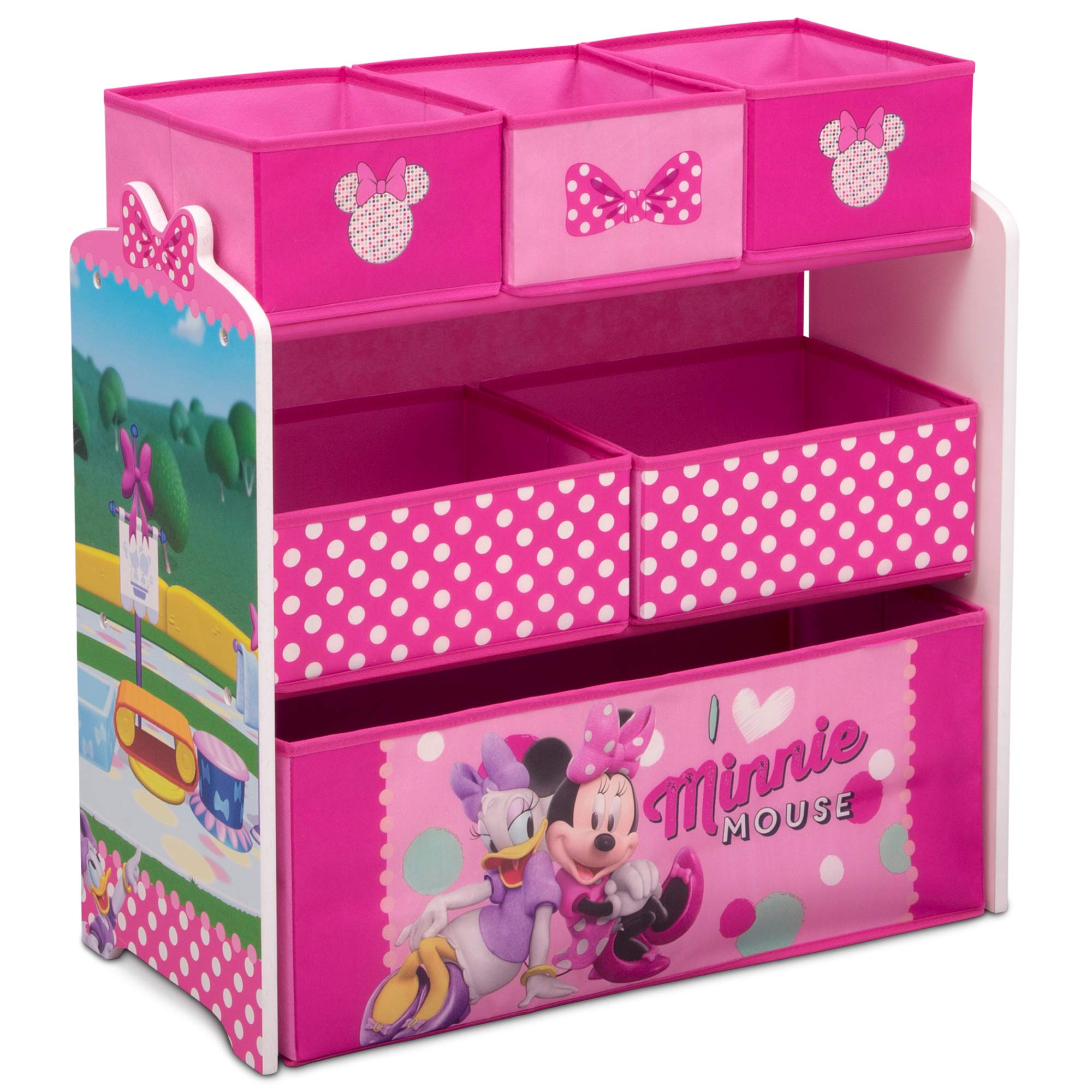 Disney Minnie Mouse Kids Upholstered Chair with 6-Bin Toy Storage Organizer Set - Soft Pink Plush Chair & Toy Box for Girls' Bedroom, Playroom, or Nursery - Delta Children UP83517MN Collection