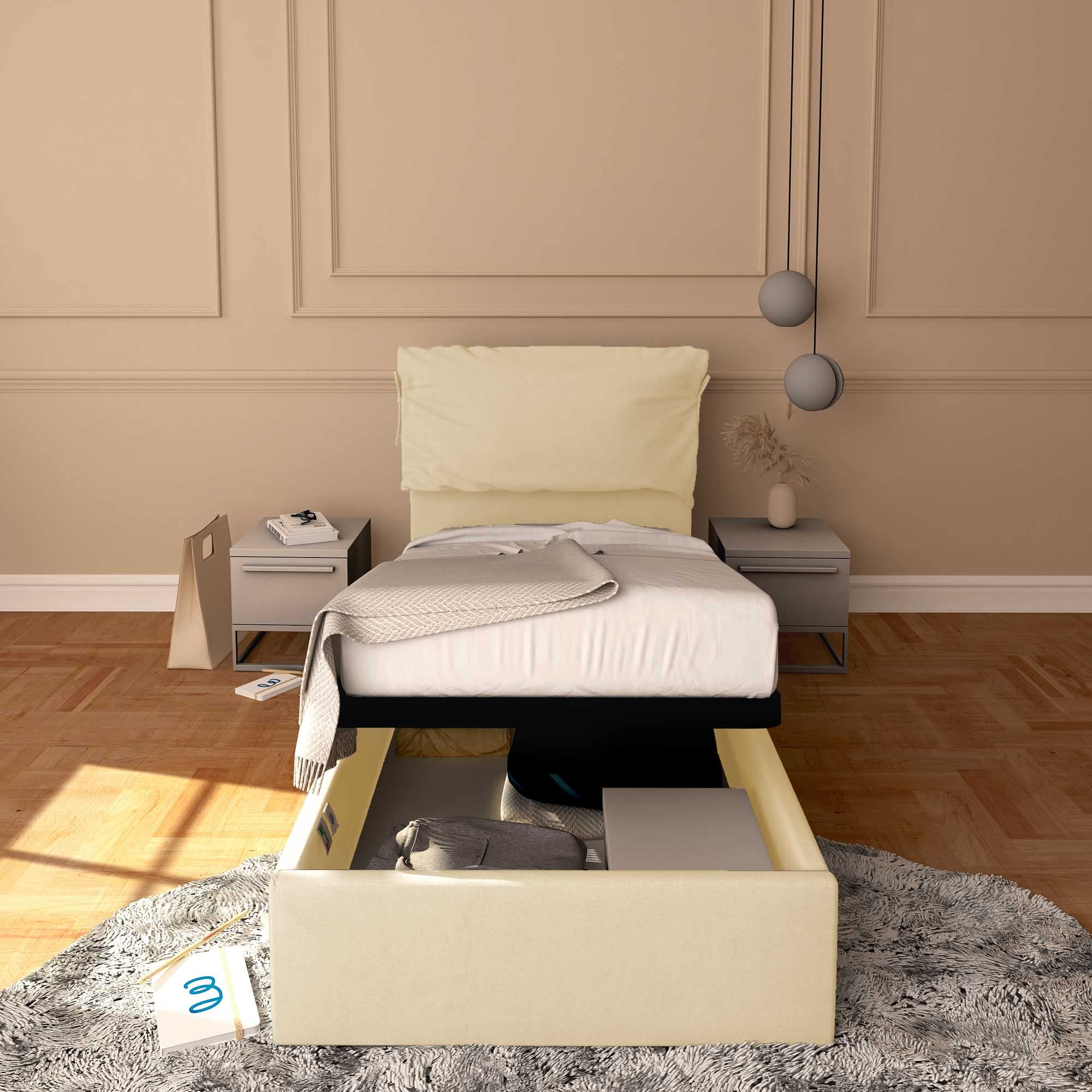 Baldiflex Single Bed with Storage - Licia Soft Synthetic Leather Upholstery, Slatted Base for Single Mattresses, 90 x 190 cm, Cream Color with Padded Headboard - Perfect for Small Bedrooms, Guest Rooms & Studio Apartments
