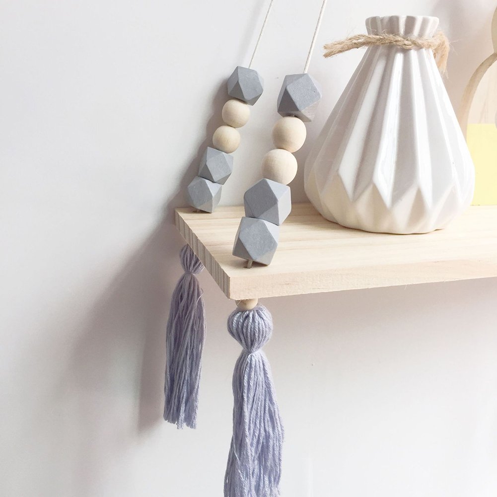 Nordic Hanging Swing Rope Floating Shelves with Tassel Beads - Wooden Wall Shelf for Kids Room Decor, Nursery Storage & Display - Light Gray - Perfect for Bedroom, Playroom and Dorm Organization