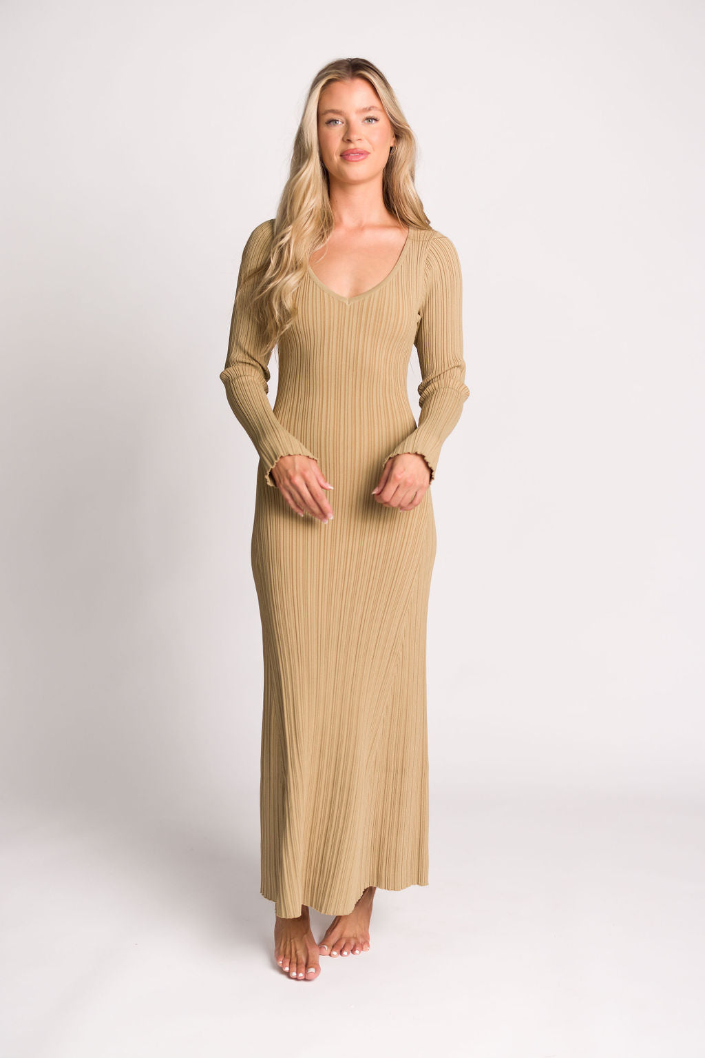 Keaton Knit Maxi Dress - V Neckline Beige Women's Long Dress | Perfect for Summer, Beach, Vacations & Casual Outings