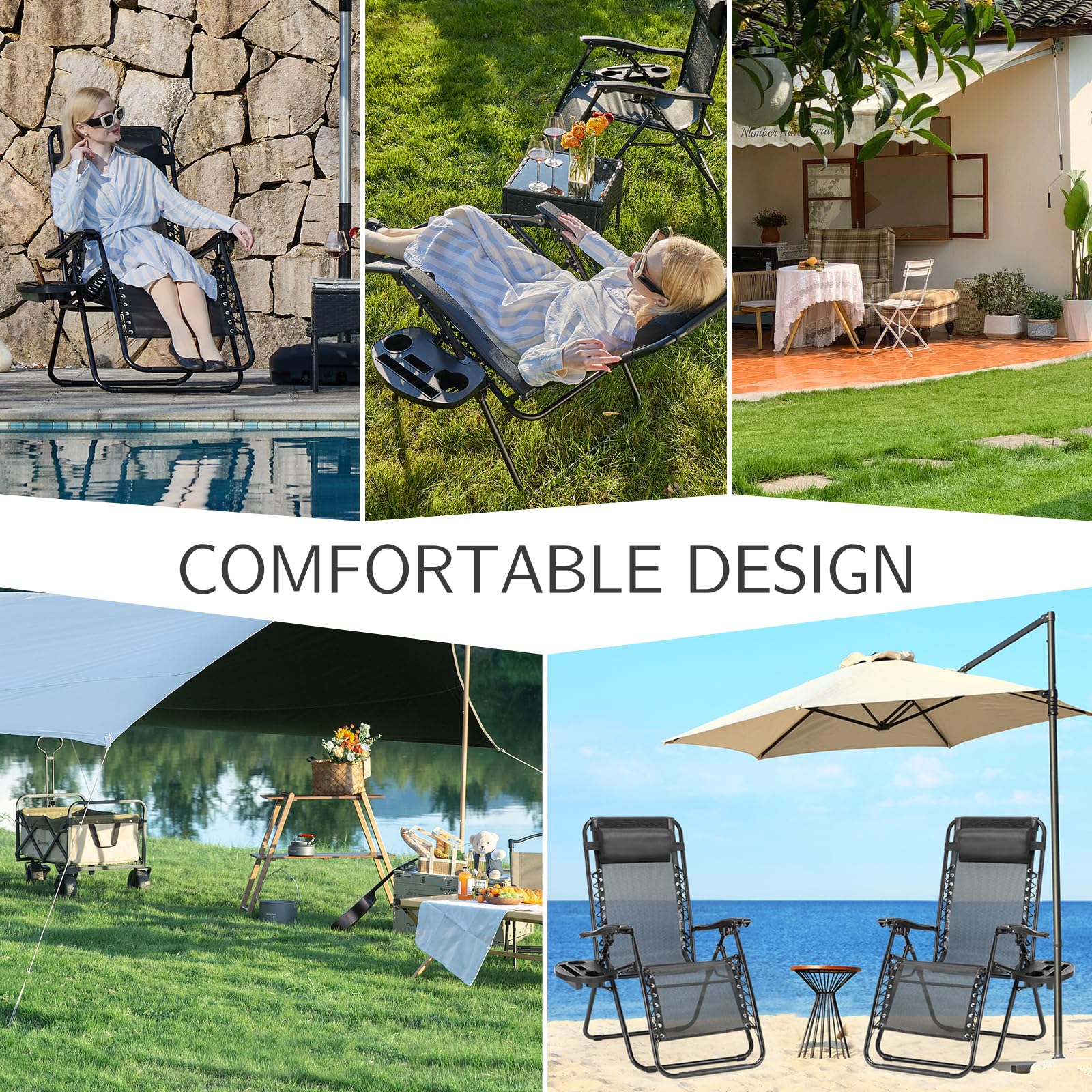 Sweetcrispy Zero Gravity Chairs Set of 2 - Portable Reclining Lounge Chairs for Outdoor Relaxation with Cup Holder & Adjustable Headrest - Perfect for Beach, Camping, Patio, Poolside, Garden, Backyard and Lawn (Black) - Ideal for Sunbathing, Reading and Stargazing