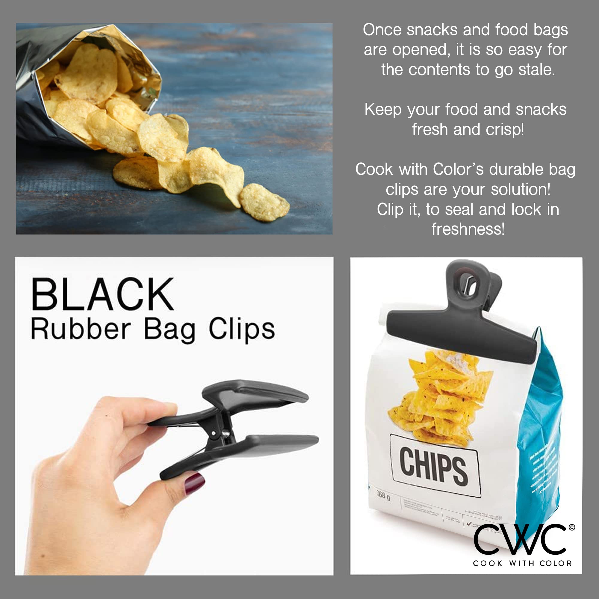 COOK WITH COLOR Heavy Duty Food Clips - 4 Pack Large Bag Clips for Food Storage with Airtight Seal | Wide Grip Chip Clips for Chips, Snacks & Bulk Foods | Kitchen & Pantry Organization Essentials (Black)
