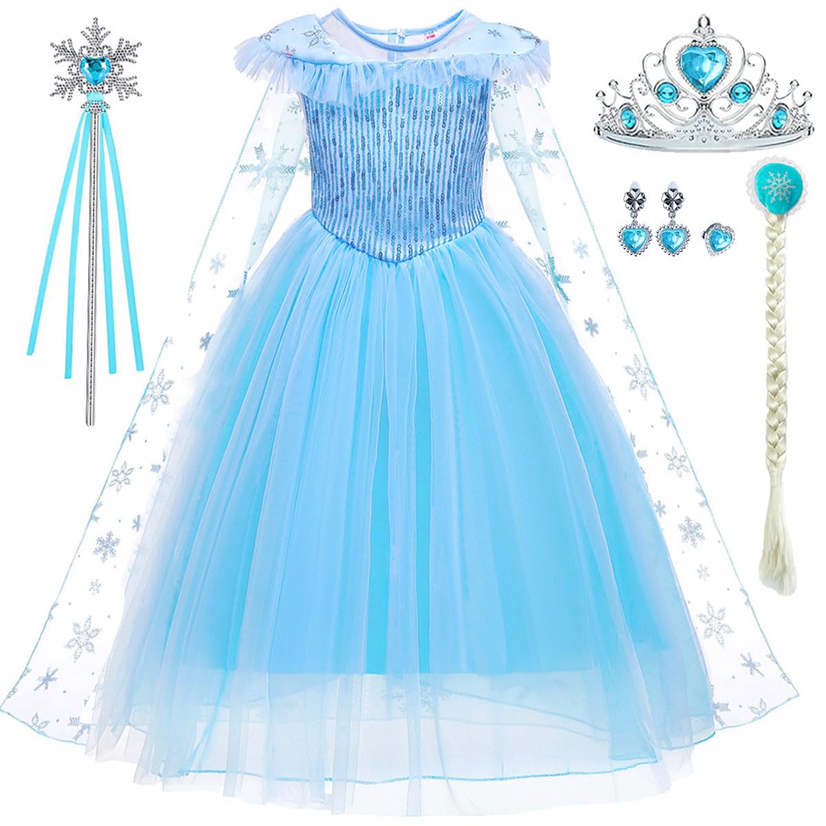 Elsa Costume for Girls - Frozen Princess Dress with Accessories | Toddler Halloween Birthday Party Outfit | Blue Dress Up for Kids & Disney Themed Events