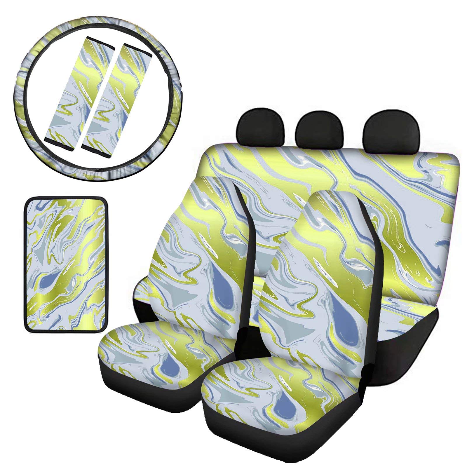 Chic Marble Print Car Cover Set with Steering Wheel Cover, Seat Belt Covers & Console Cover - Universal Fit for Cars, Trucks & SUVs | Stylish Protection for Daily Commute & Road Trips