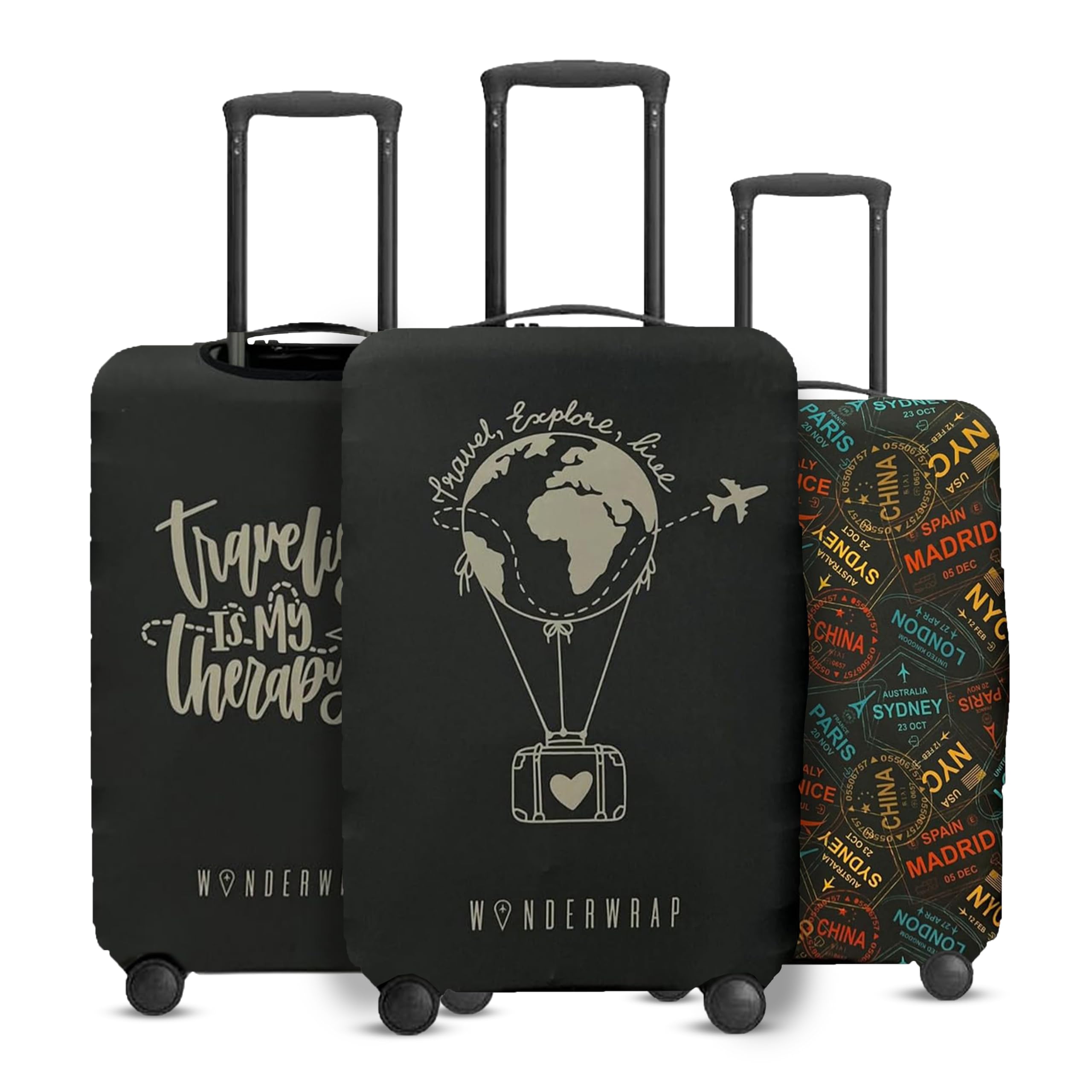 Reversible Luggage Cover Protector - Washable Anti-Scratch Suitcase Protector for Travel (Black Hot Air Balloon, Large 65-71 x 43-48 x 26-30cm) | Perfect for Airplane, Train & Vacation Trips