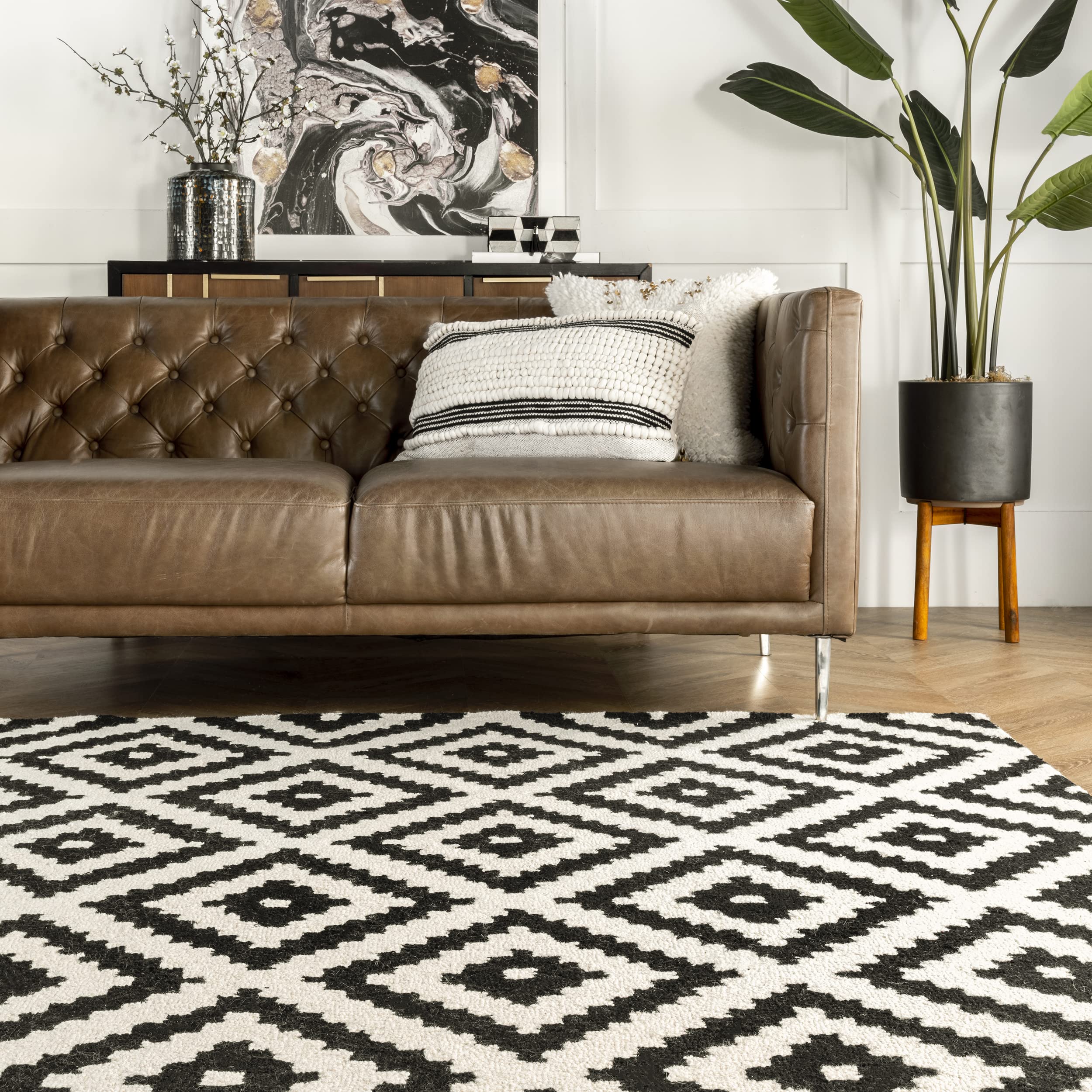 nuLOOM Kellee Hand Tufted Geometric Wool Area Rug - 8' Round Black Modern Circle Rug for Living Room, Bedroom & Office Decor