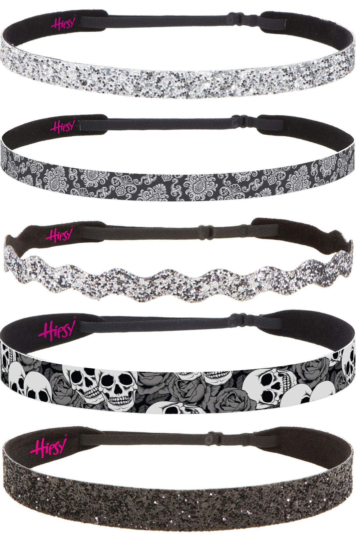 Hipsy Adjustable No Slip Bling Glitter & Fashion Printed Headbands for Women, Girls & Teens - Mixed 5-Pack (Grey Multi) - Perfect for Sports, Workouts, Yoga, School and Everyday Fashion Accessories