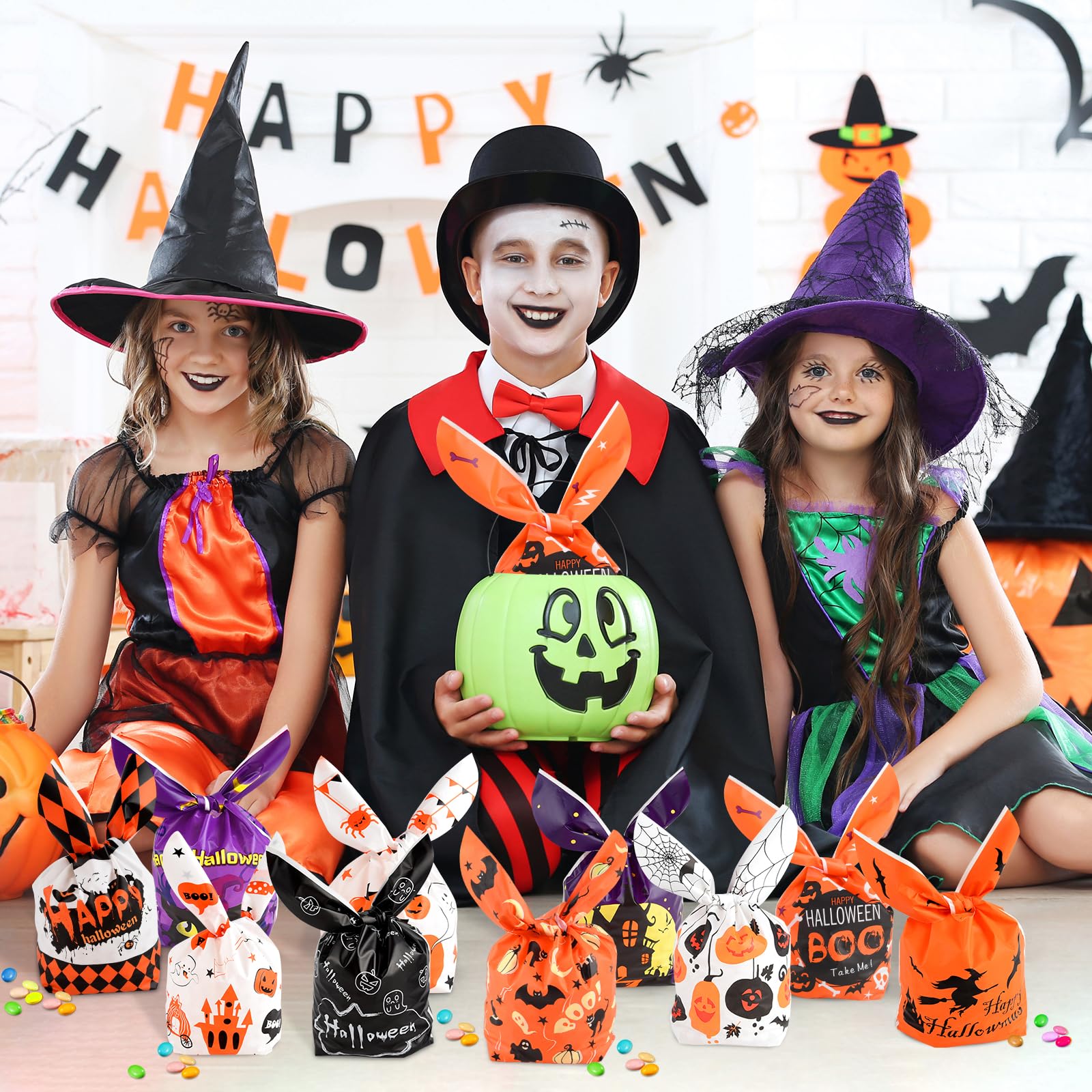 100 Pcs Halloween Candy Bags with Rabbit Ears - Pastry, Cake & Cookie Packaging - Multicolor Party Favors for Halloween Celebrations, Trick or Treat & Gift Giving