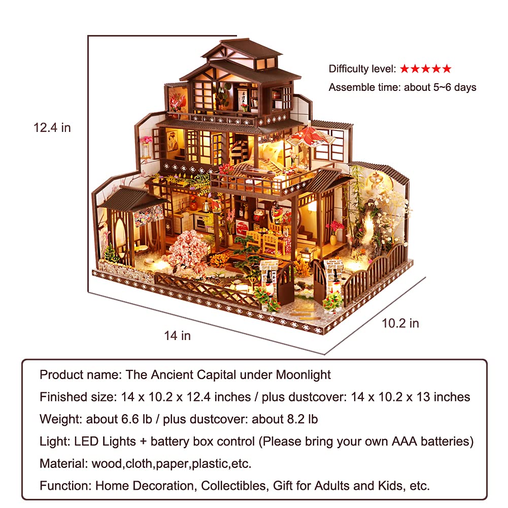 Yuzhen DIY Miniature Dollhouse Kit with Furniture & LED Lights - Japanese Wooden Dollhouse with Dust Cover & Music Box - Perfect Gift for Adults & Kids - Great for Home Decor, Collectors & Creative Play