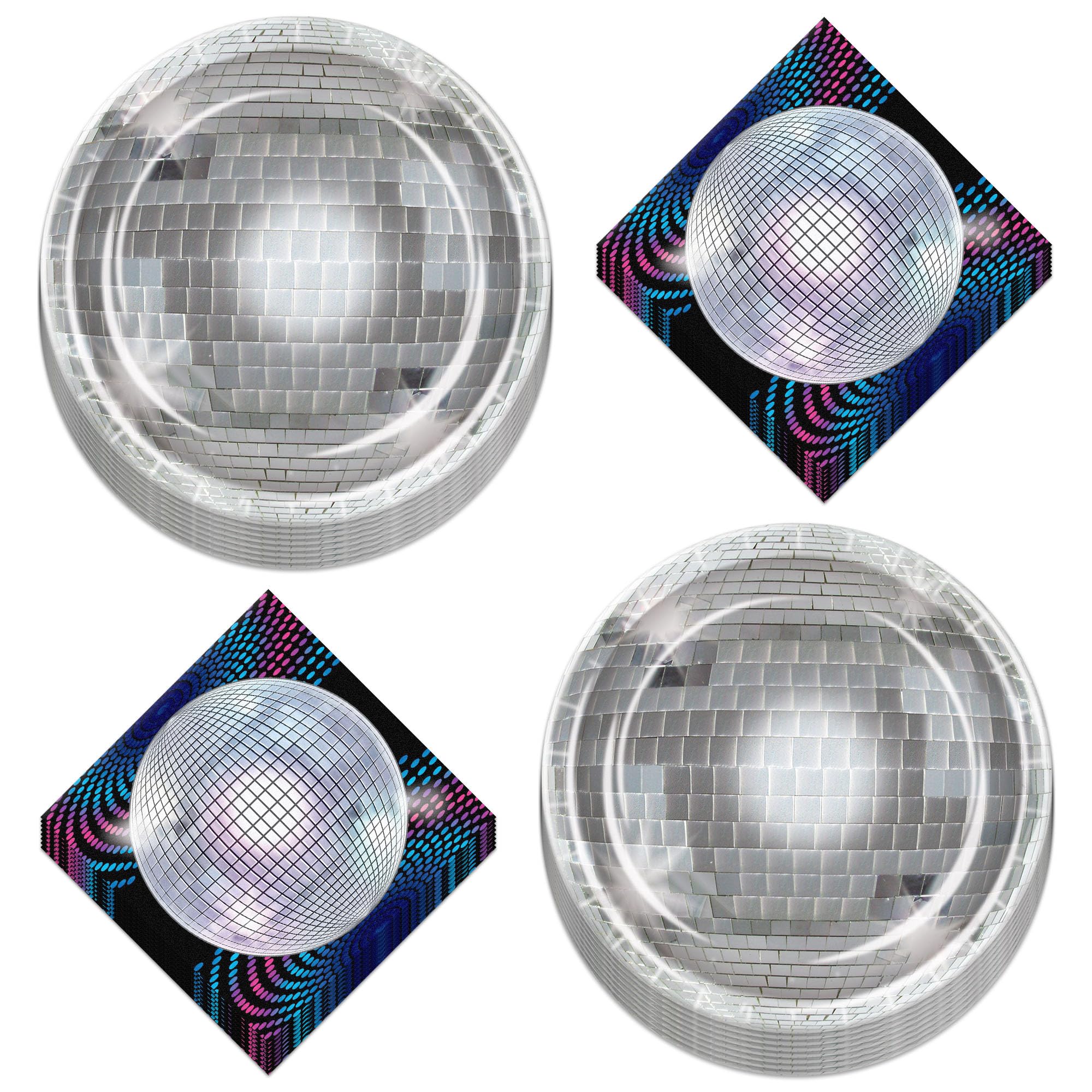 70s Disco Party Supplies - 16-Pack Silver Disco Ball Paper Plates & Retro Napkins for Disco Themed Birthday, Wedding, or 70s Dance Party Decorations