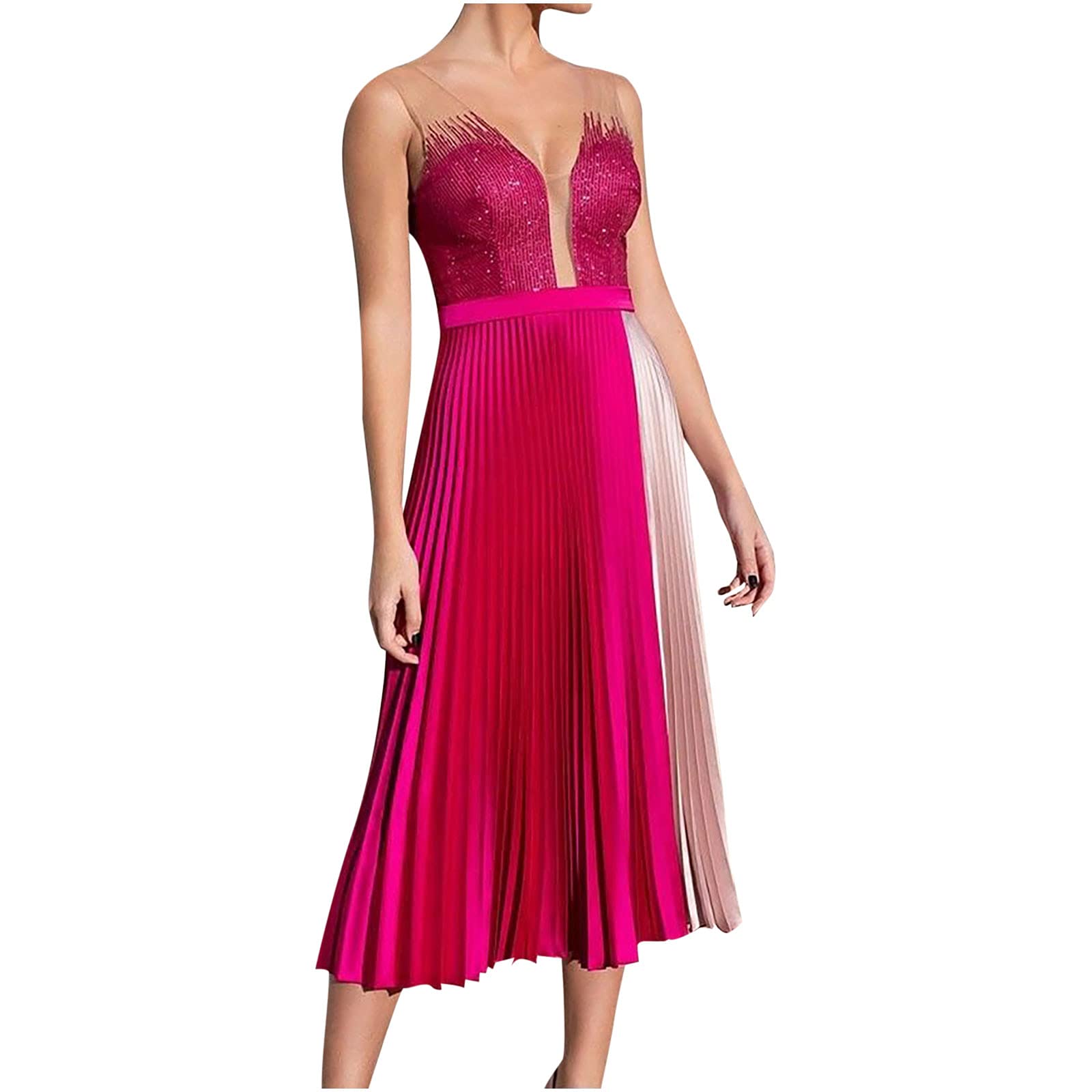 Elegant Women's Sleeveless V-Neck Color Block A-Line Midi Dress for Wedding Guest & Evening Party | Flattering Swing Pleated Design for Special Occasions & Formal Events
