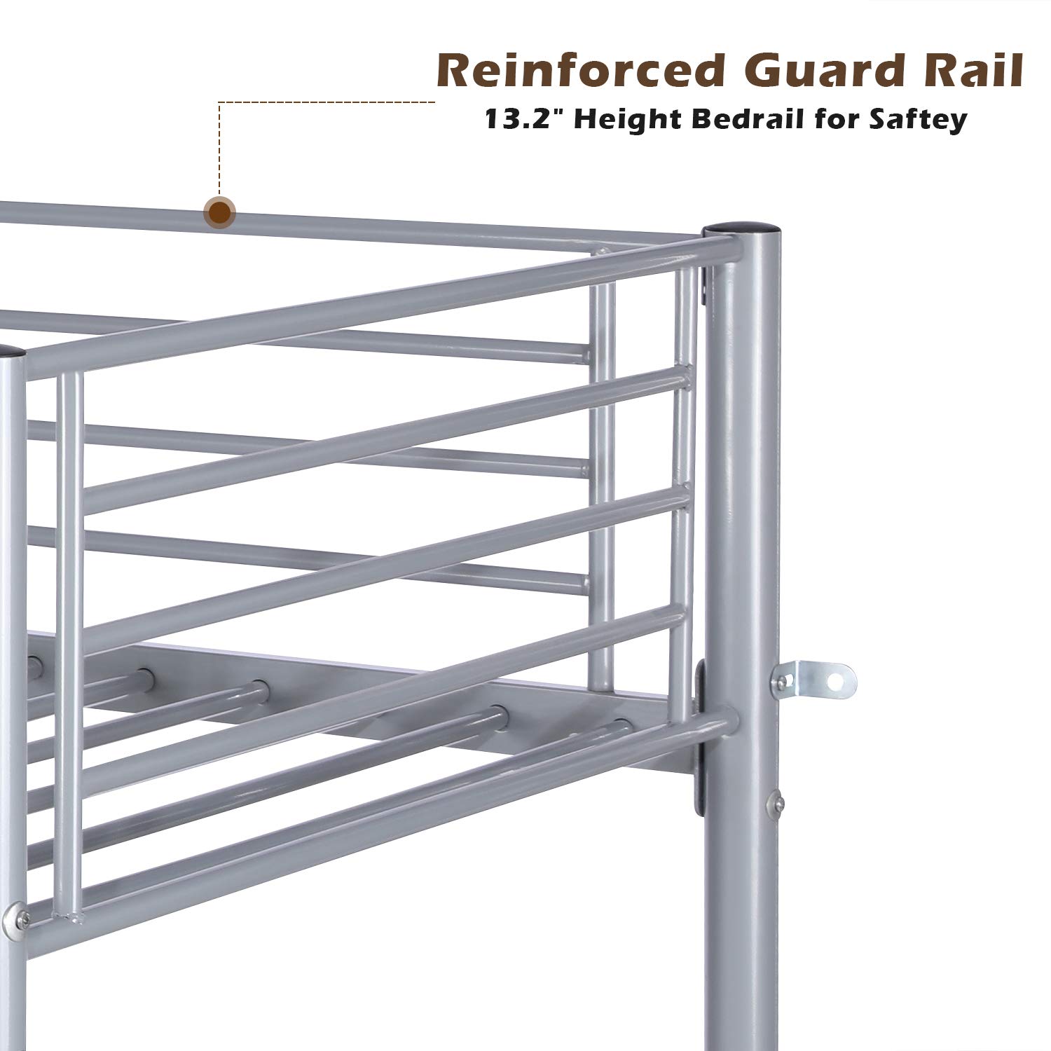Bonnlo Twin Over Twin Metal Bunk Bed with High Guard Rail & Non-Slip Steps - Heavy Duty Gray Bunk Beds for Kids, Teens & Adults - Perfect for Dorms, Small Bedrooms & Space-Saving Kids' Rooms