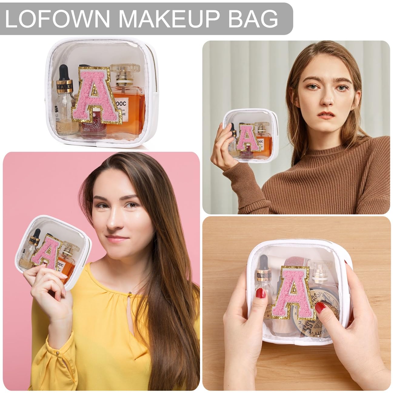 Clear Makeup Bag Mini Cosmetic Pouch for Women - Waterproof Travel Toiletry Organizer with Zipper - Cute Letter Design (White, J) - Perfect for Travel, Gym, and Daily Cosmetics Storage
