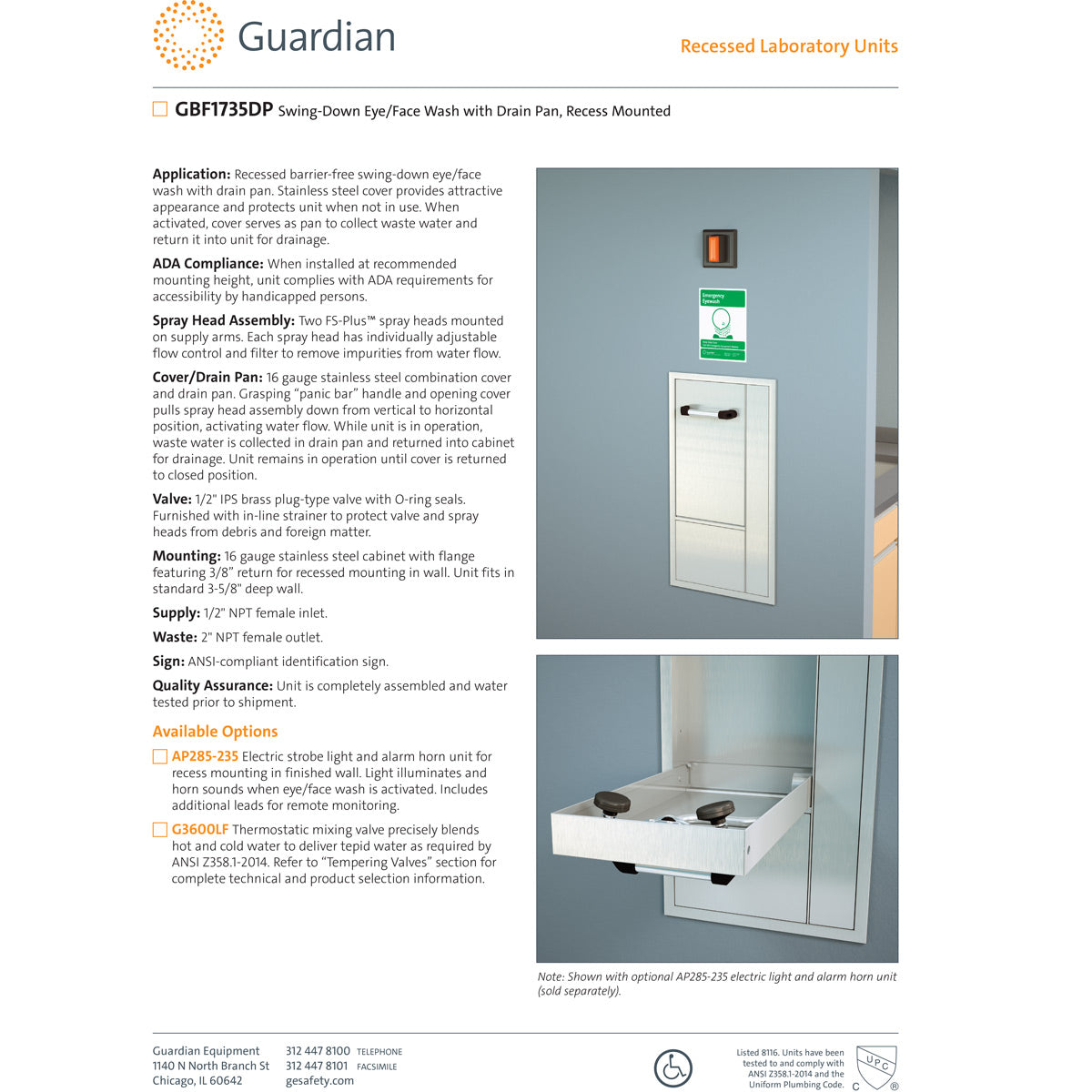 Guardian GBF1735DP Recess Mounted Swing Down Eye & Face Wash Station - Emergency Safety Shower for Labs, Factories & Industrial Workplaces