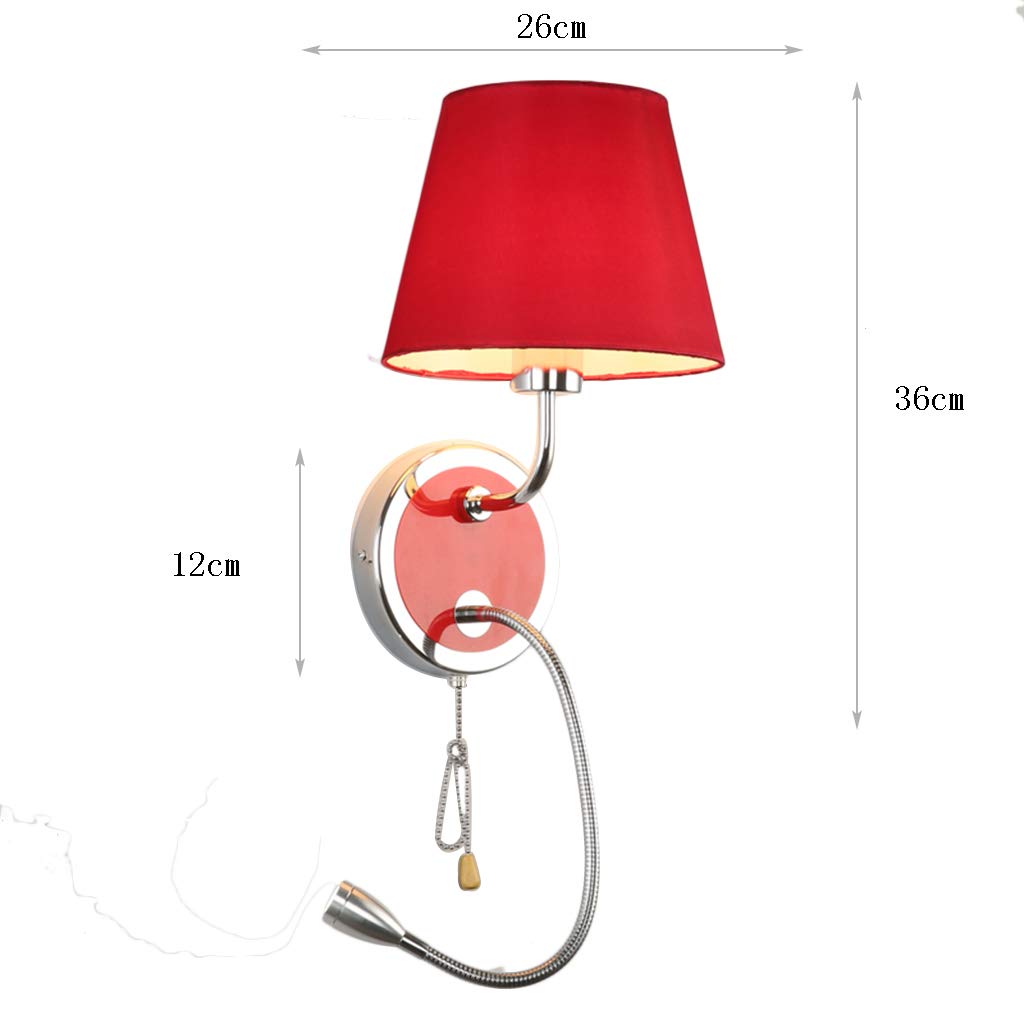 Red LED Wall Lamp with Pull Chain Switch - Dimmable Reading Light for Bedroom, Bedside, Living Room & Study - Perfect for Nighttime Reading and Cozy Ambiance