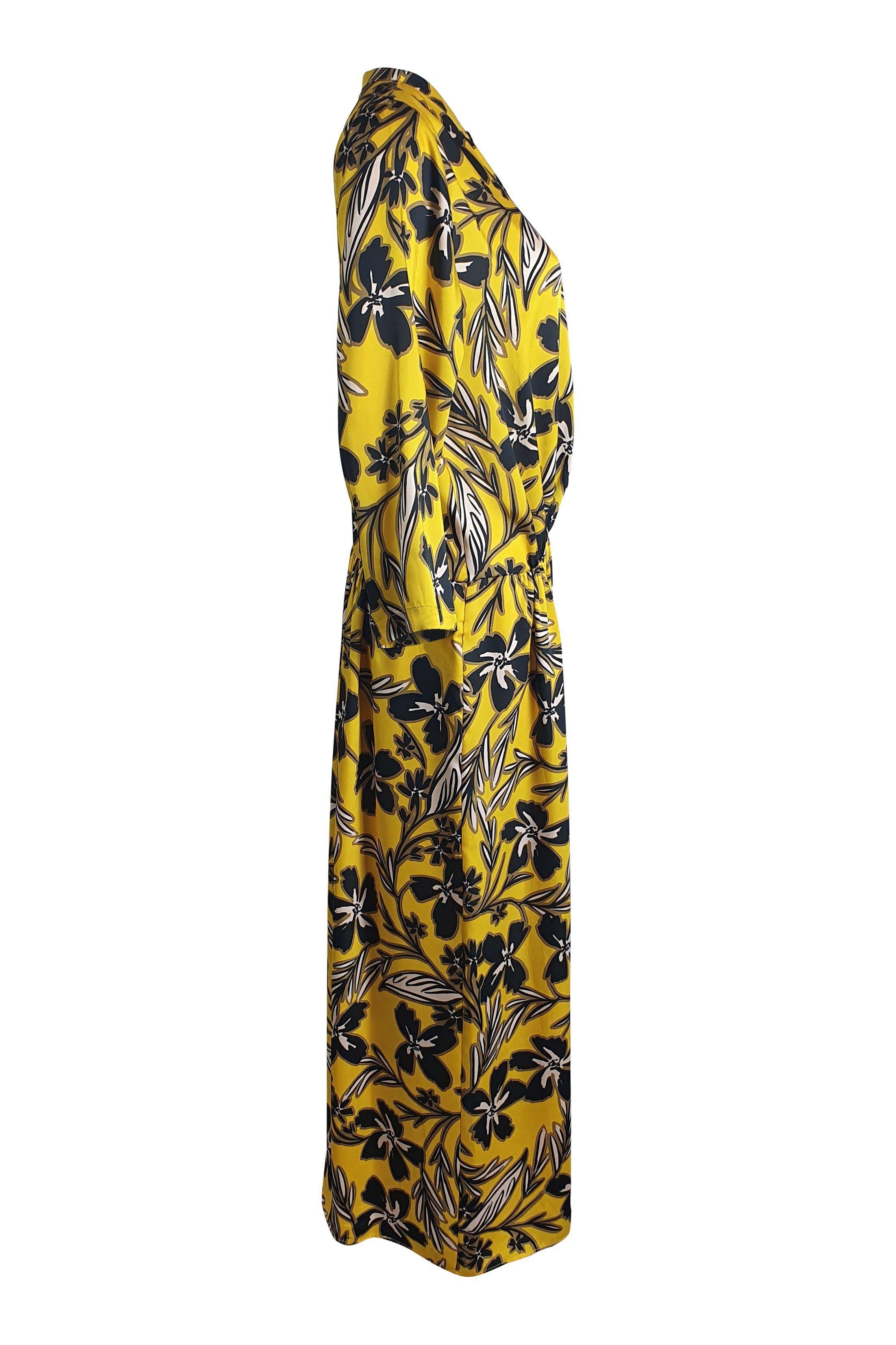 ALYSI CHOCOLAT Sunshine Yellow Floral Print 3/4 Sleeve Midi Dress - Women's Plus Size IT 44 - Perfect for Spring Weddings, Garden Parties & Brunch Dates