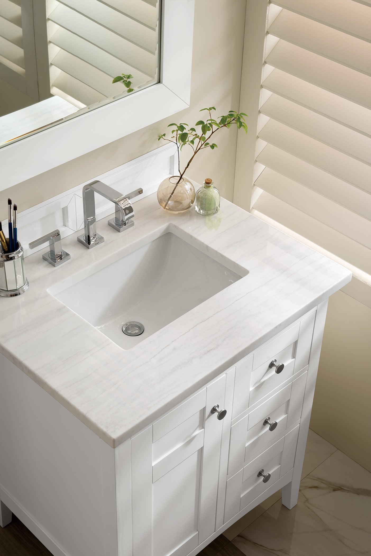 Palisades 30 Inch Single Bathroom Vanity with 3CM Arctic Fall Solid Surface Top in Bright White - Perfect for Modern Bathroom Renovations and Small Space Designs