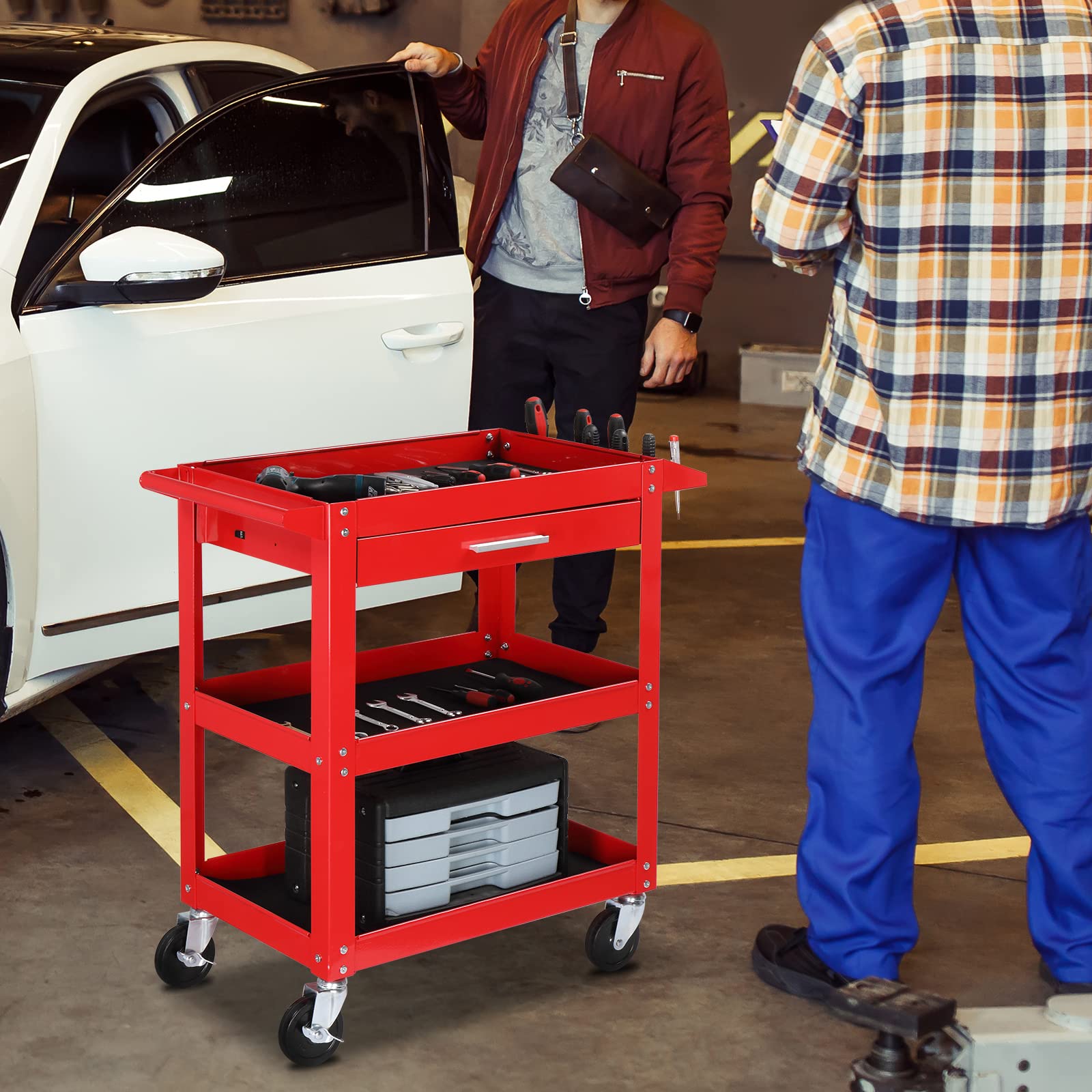 TUFFIOM 3-Tier Heavy Duty Rolling Tool Cart with Drawer & 2 Brake Wheels - 330 LBS Capacity Industrial Utility Cart for Mechanics - Perfect for Garage, Warehouse & Auto Repair Shop Organization