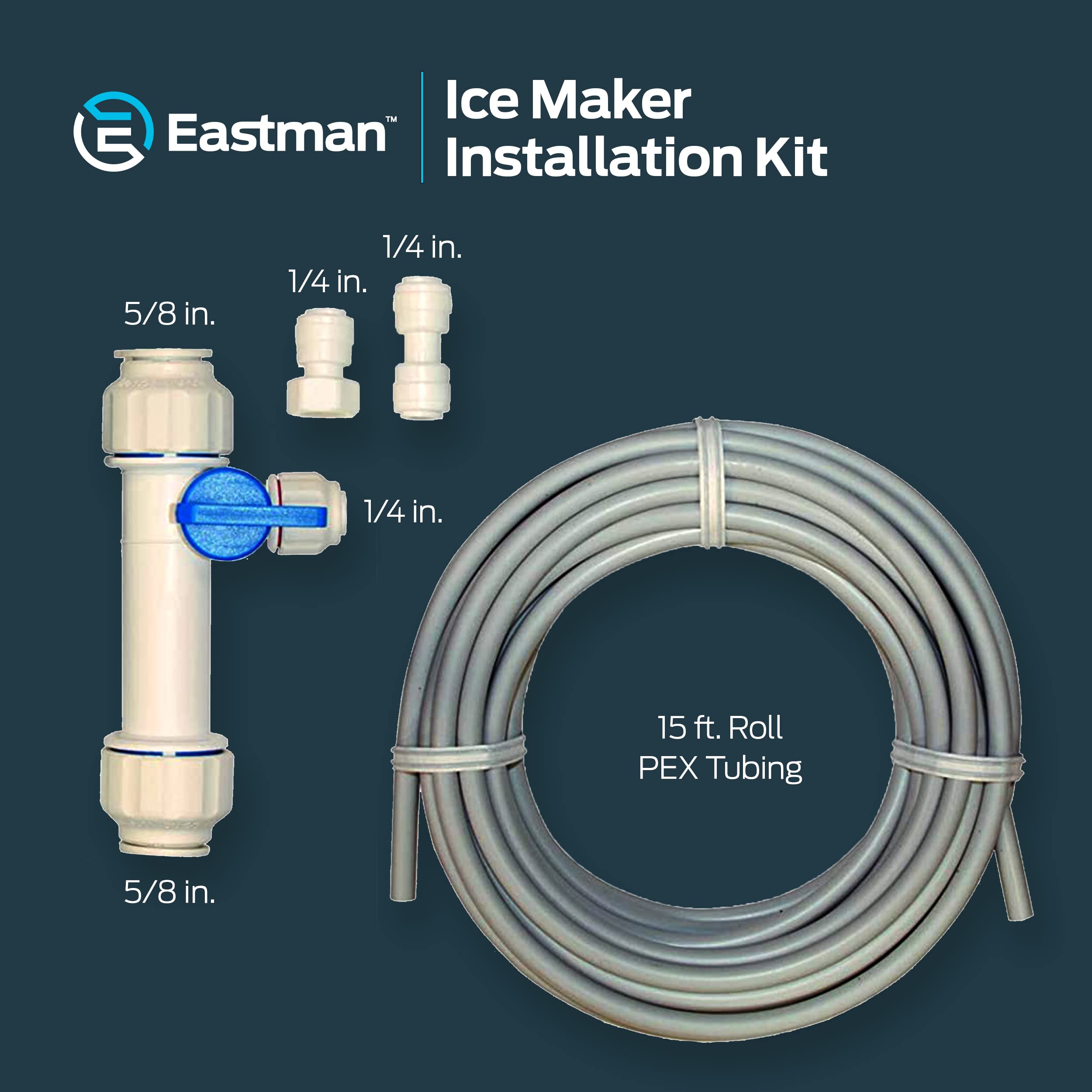 Eastman 5/8 x 1/4 Inch Slip Tee Valve Ice Maker Installation Kit with 15ft White Flexible PEX Tubing - Model 60466N - Perfect for Refrigerator, Freezer & Under Sink Ice Machine Connections