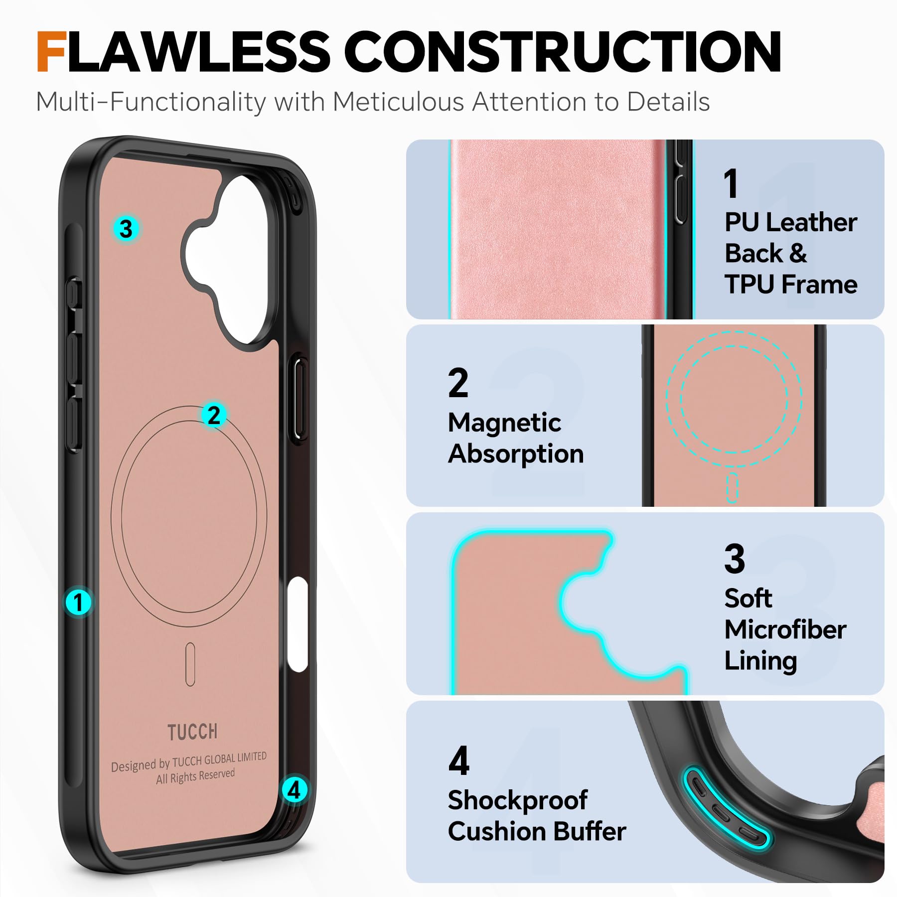 Premium TUCCH 2-in-1 Magnetic Wallet Case for iPhone 16 - Detachable PU Leather Folio with Wireless Charging, RFID Blocking & 4 Card Slots (Rose Gold) | Perfect for Work, Travel & Everyday Protection