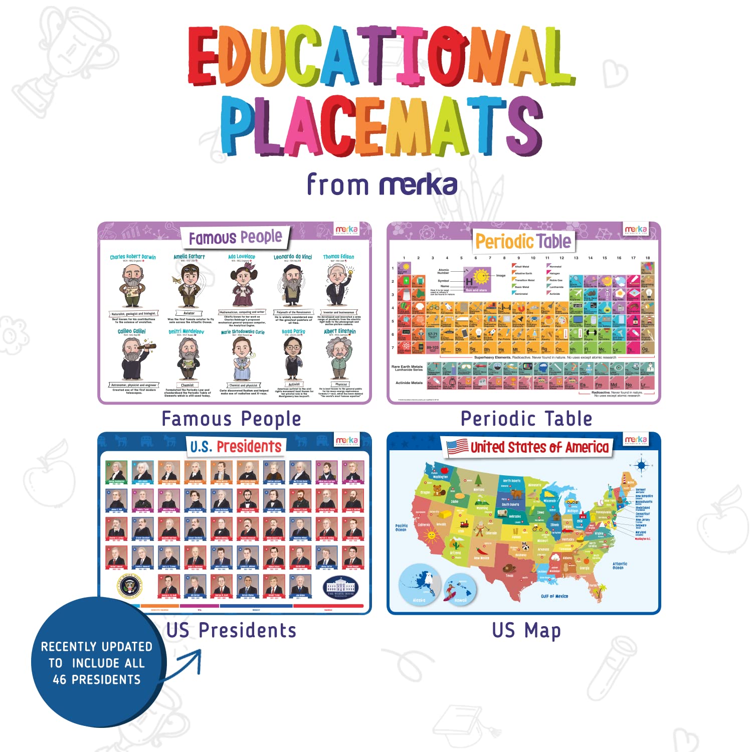 Merka Kids Placemats Set of 4 - Reusable US Map, US Presidents, Famous People & Periodic Table Educational Placemats for Children - Perfect for Dining, Learning & Home Schooling Activities