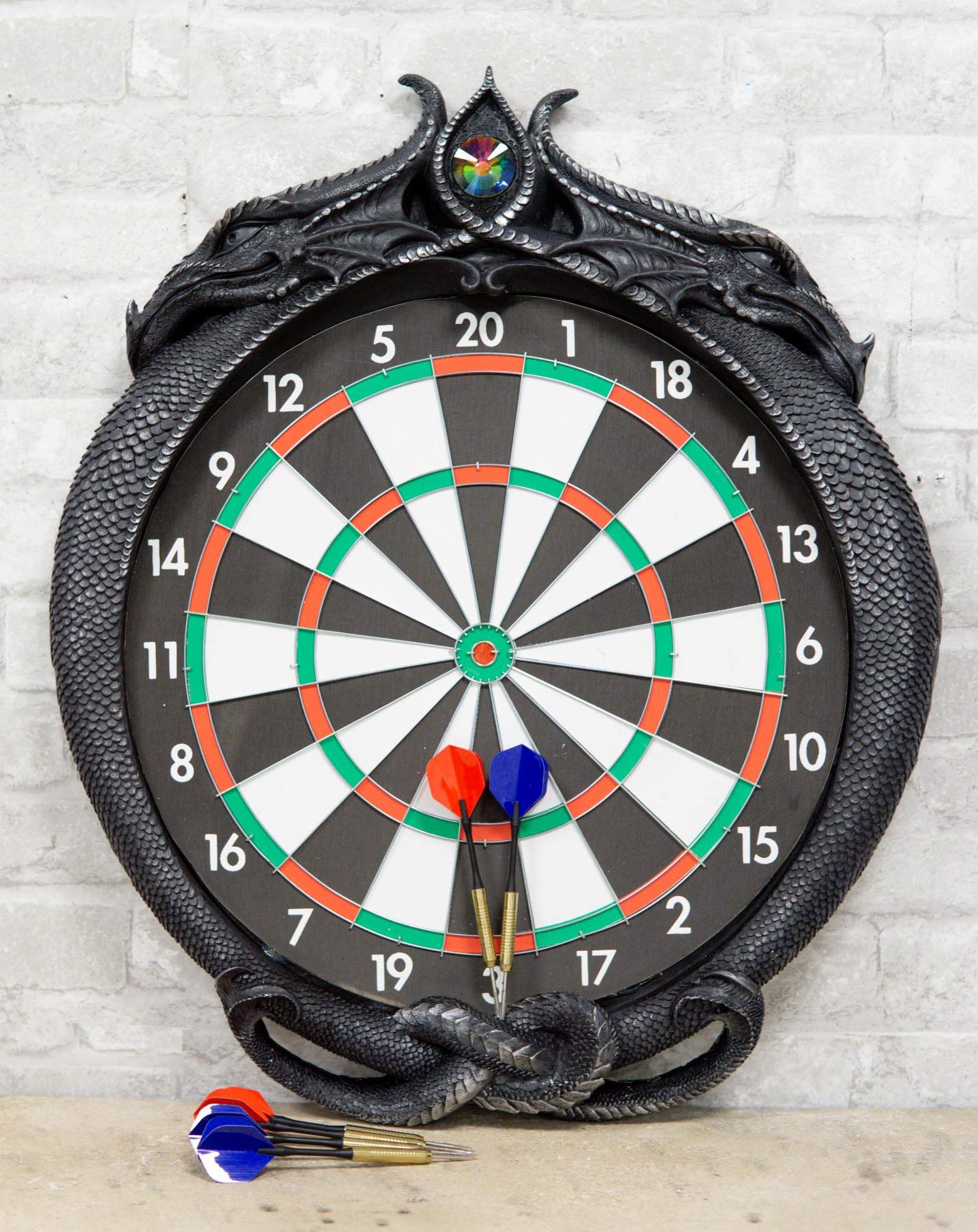 Ebros Gift Fantasy Gothic Dual Dragon Scales Dart Board with Gemstones - Medieval Gaming Wall Decor for Dungeons & Dragons, Game Room & Home - Includes Red & Blue Darts for Indoor Entertainment & Themed Parties