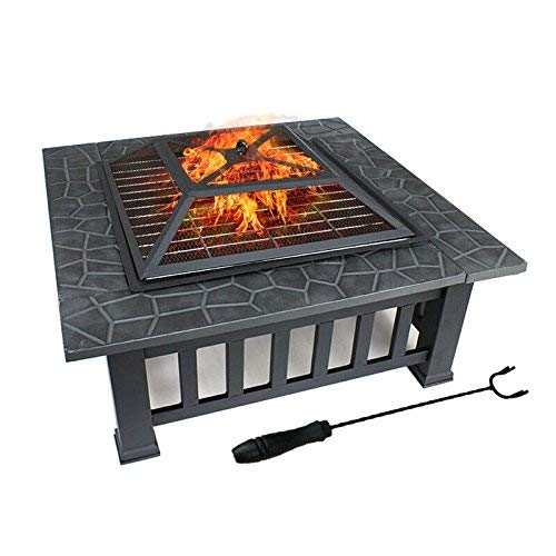 32in Outdoor Portable Fire Pit - Square Wood Burning Fireplace Table with Screen & Poker - Perfect for Camping, Backyard BBQ, and Patio Heating (Grey)