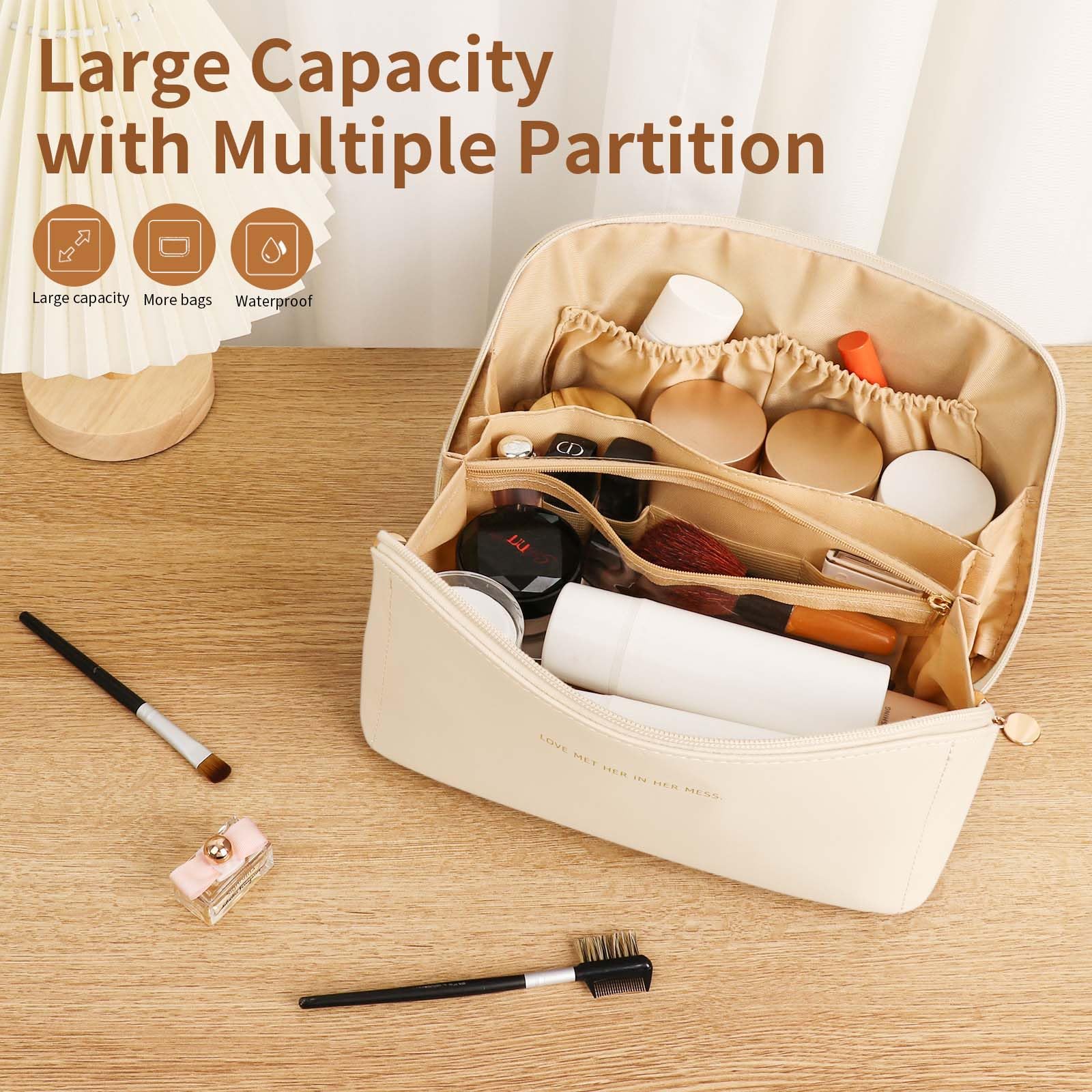 Waterproof PU Leather Travel Makeup Bag - Large Capacity Cosmetic Organizer for Women with Dividers & Handle | Perfect for Vacation, Gym & Daily Essentials Storage