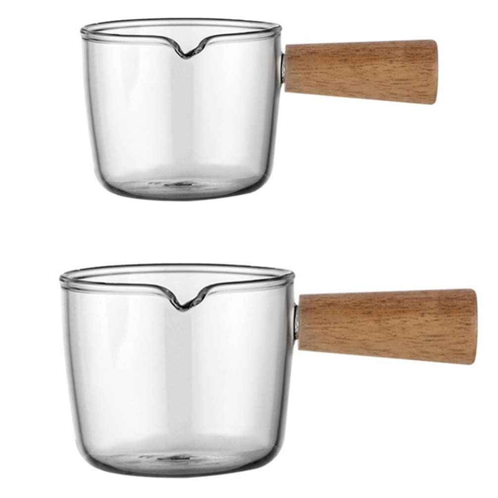 Heat-Resistant Glass Milk Cream Pitcher with Wood Handle - Barista Coffee Frothing Jug for Latte Art, Cappuccino, Tea & Milk - Perfect for Home, Cafe & Professional Use