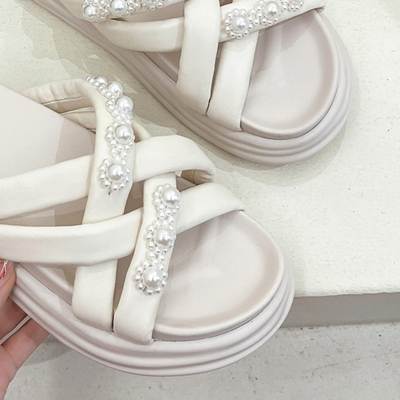 EBRICON Women's Platform Slide Sandals - Breathable Pearl Cross Leather Slip-On Open Toe Backless Slippers for Summer, Beach, Pool & Outdoor Wear