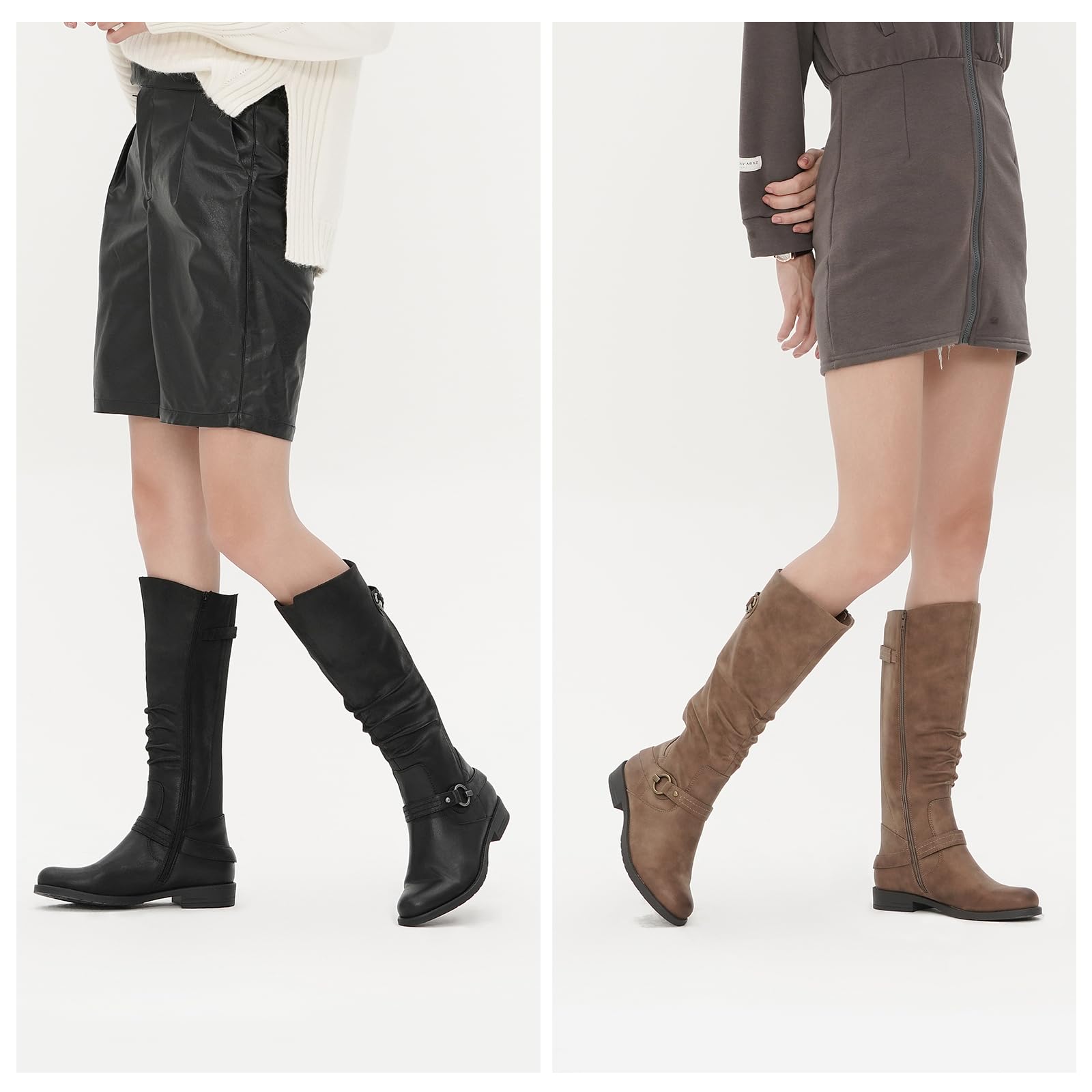 EETTARO Women's Knee High Boots - Elastic Mid Calf Winter Boots with Side Zip & Buckles, Low Heel Fashion Boots for Casual Wear, Office & Winter Outfits