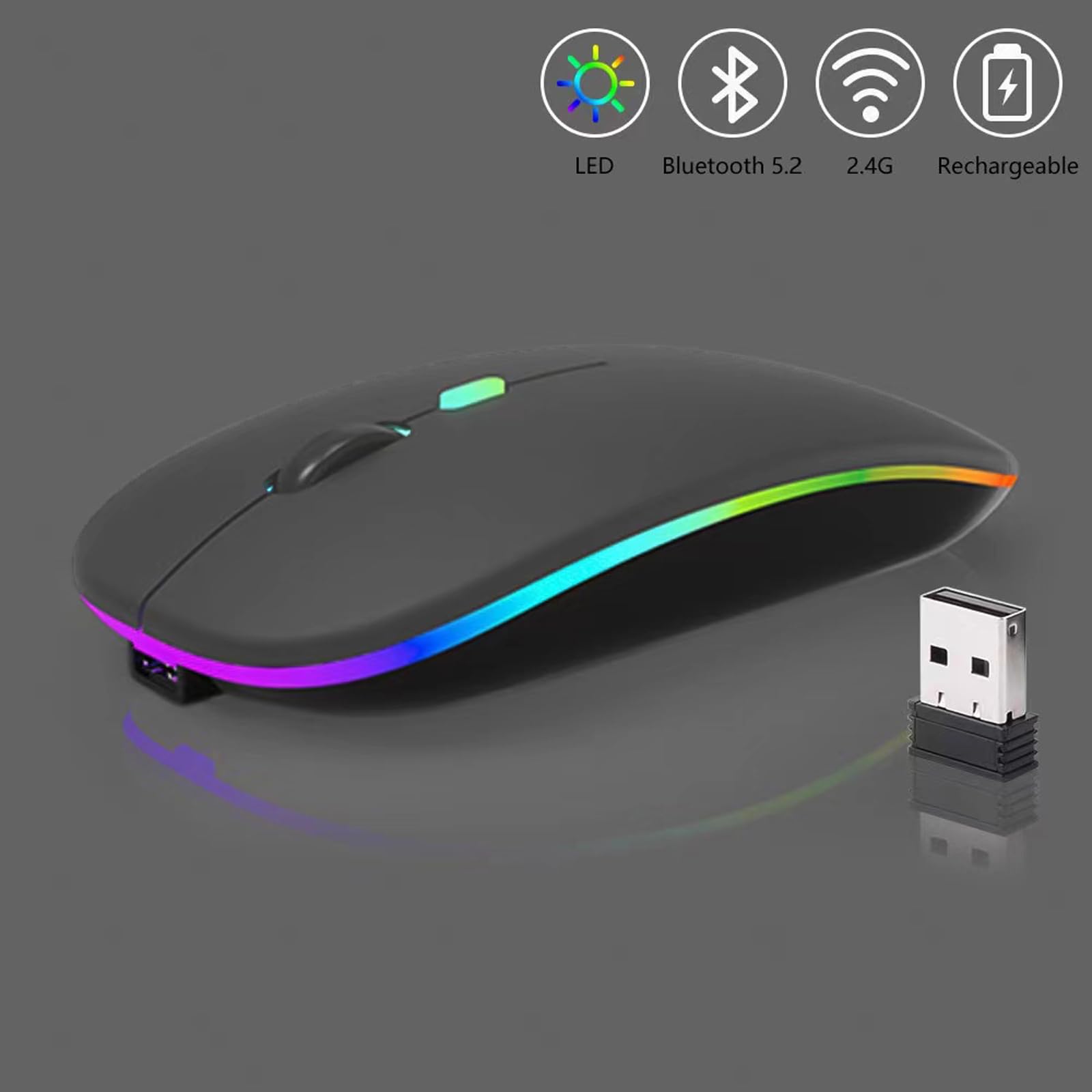 Wireless Bluetooth Mouse with LED, Rechargeable Dual Mode Silent Slim Mouse for Laptop - BT5.2 & USB Receiver, Portable Computer Mouse for PC, Mac, iPad, Tablet, Phone & TV - Perfect for Office, Home & Travel Use (Grey)