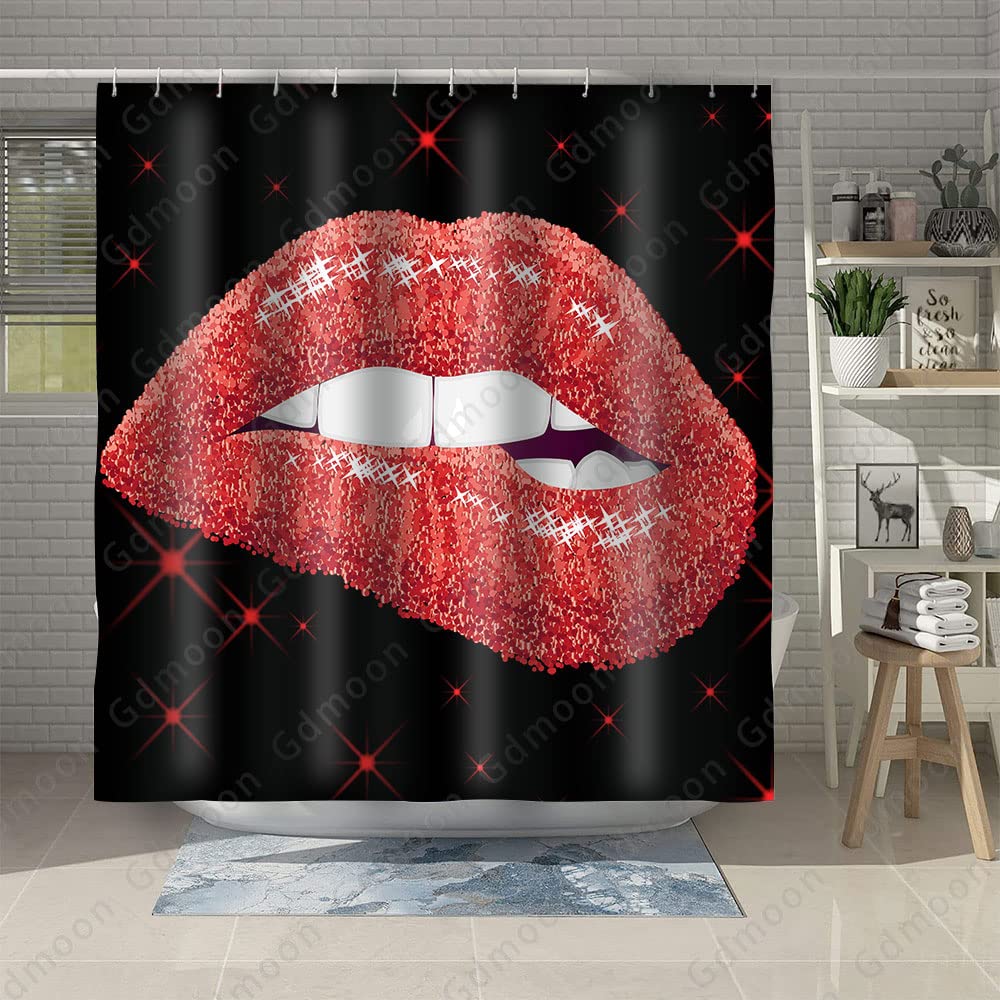 Gdmoon Sexy Red Lips Shower Curtain with Glitter & Sequins - Modern Bathroom Decor for Women (72x78 Inches) - Includes 12 Hooks - Perfect for Glamorous Bathroom Makeovers & Instagram-Worthy Selfie Backgrounds